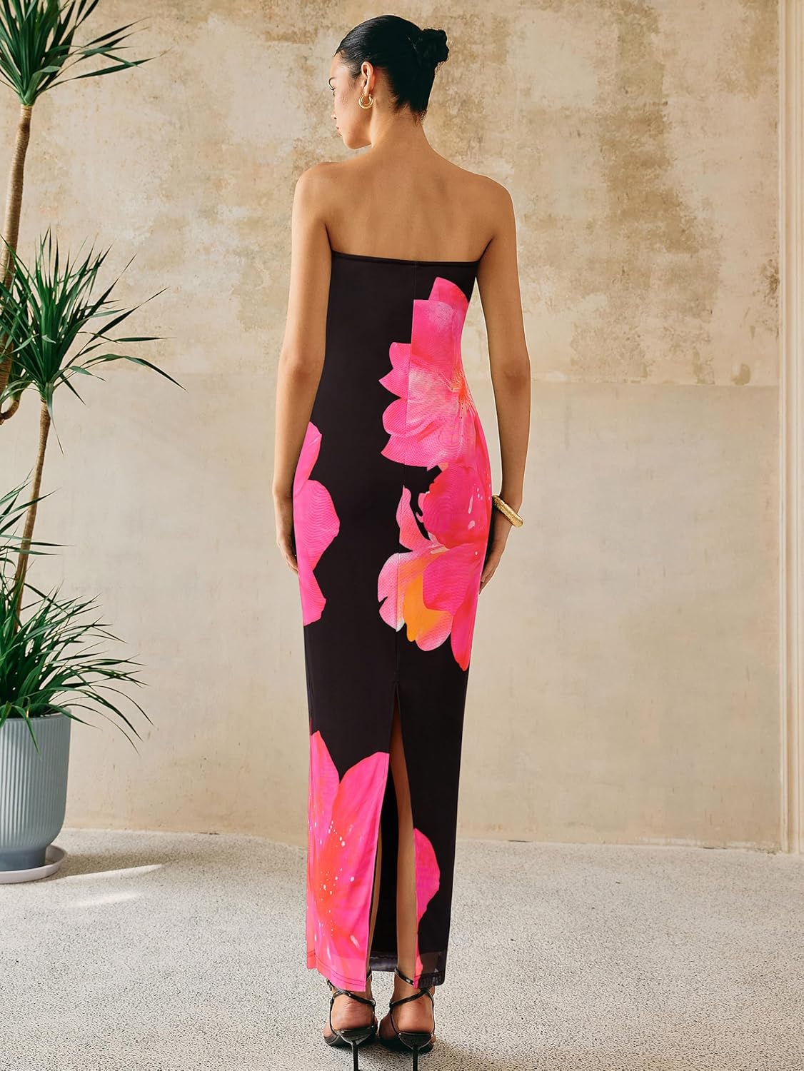 Detalle de PRETTYGARDEN Women Strapless Floral Mesh Maxi Dress with Bodycon Fit and Slit
