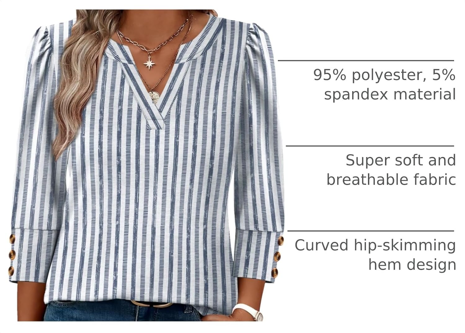 Detalle de WIHOLL 3/4 Sleeve Women’s Top with Button Cuffs: Dressy Casual V-Neck Shirt for Spring to Early Fall