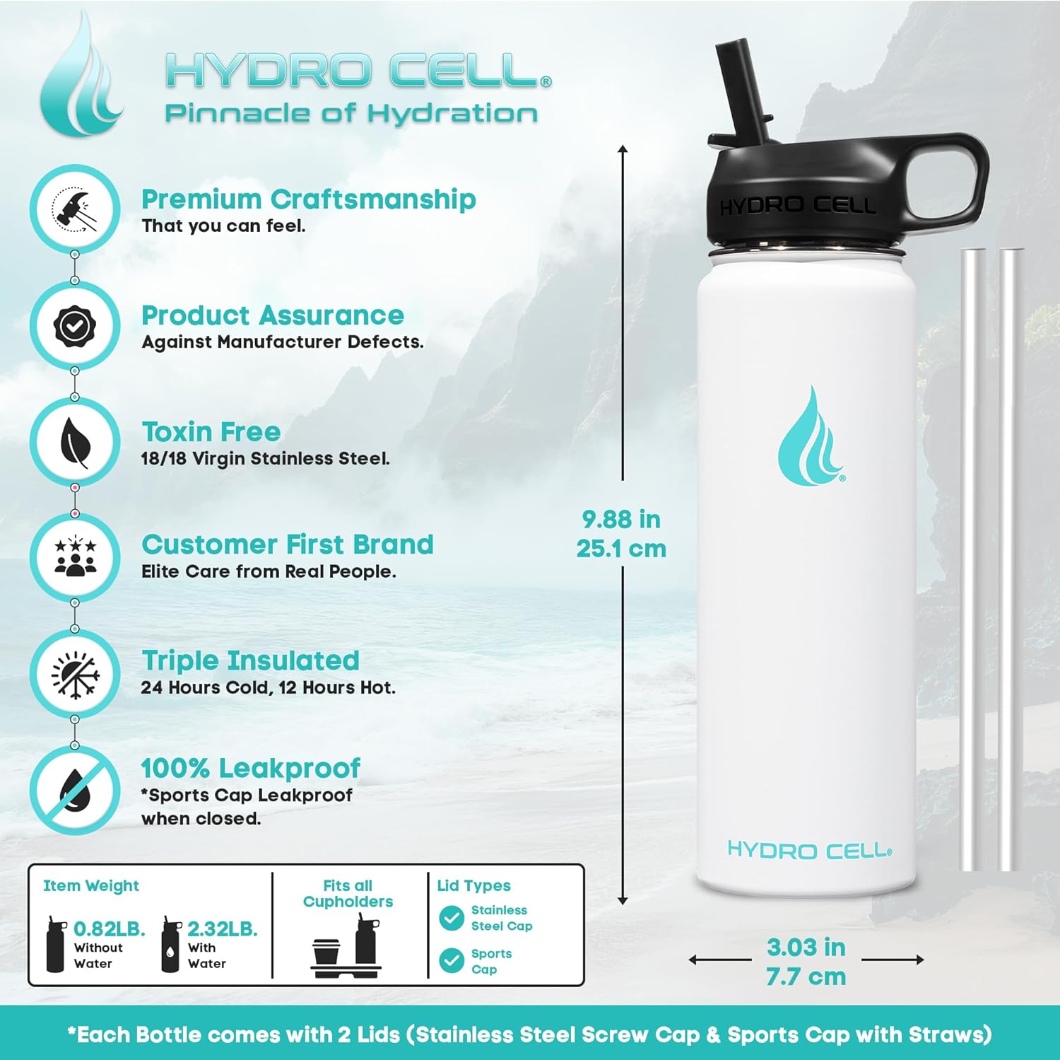 Thumbnail 2 de HYDRO CELL Stainless Steel Insulated Water Bottle (24oz, White) with Straw
