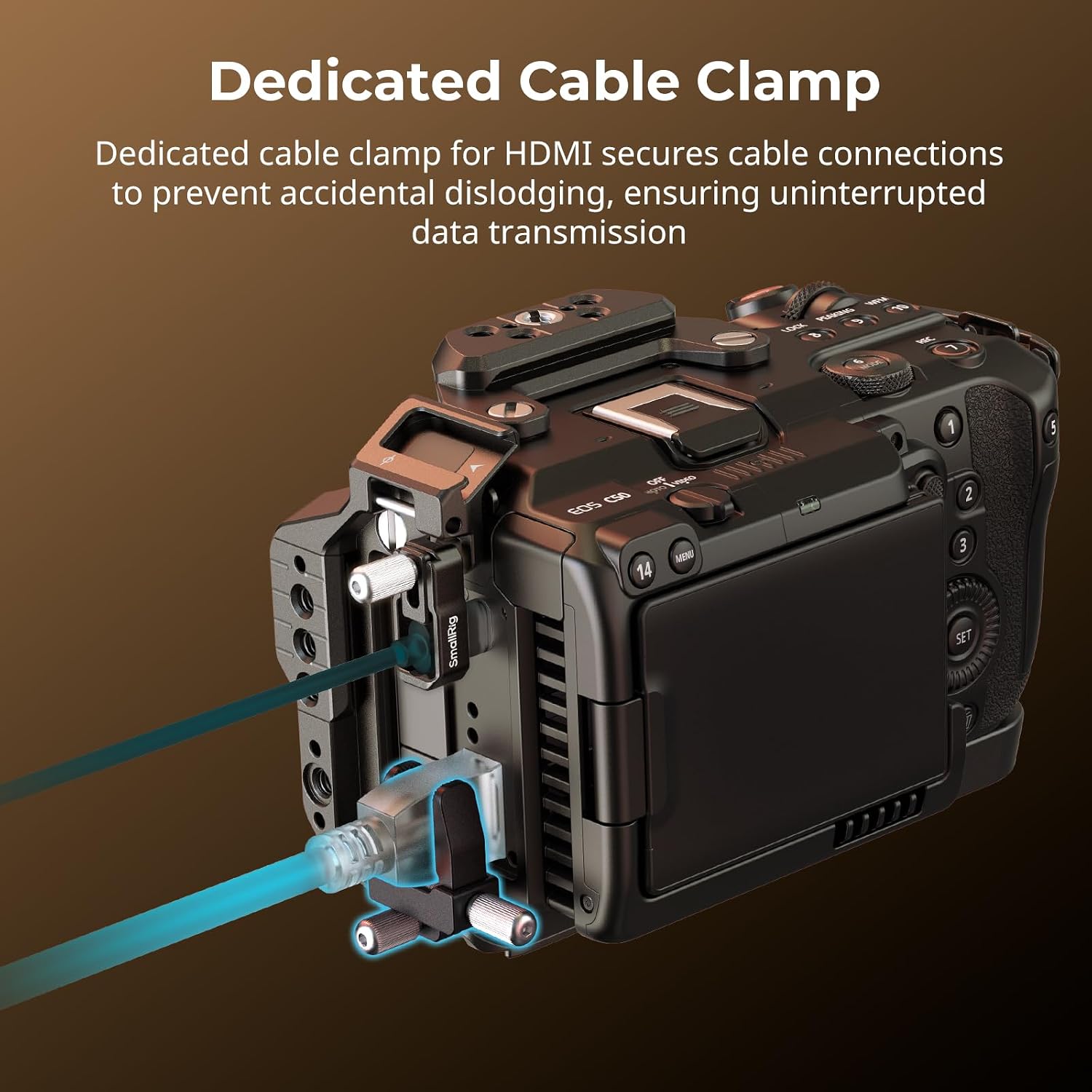 Detalle de SMALLRIG 5809 klatka do Canon C50 z uchwytem i płytką Arca
