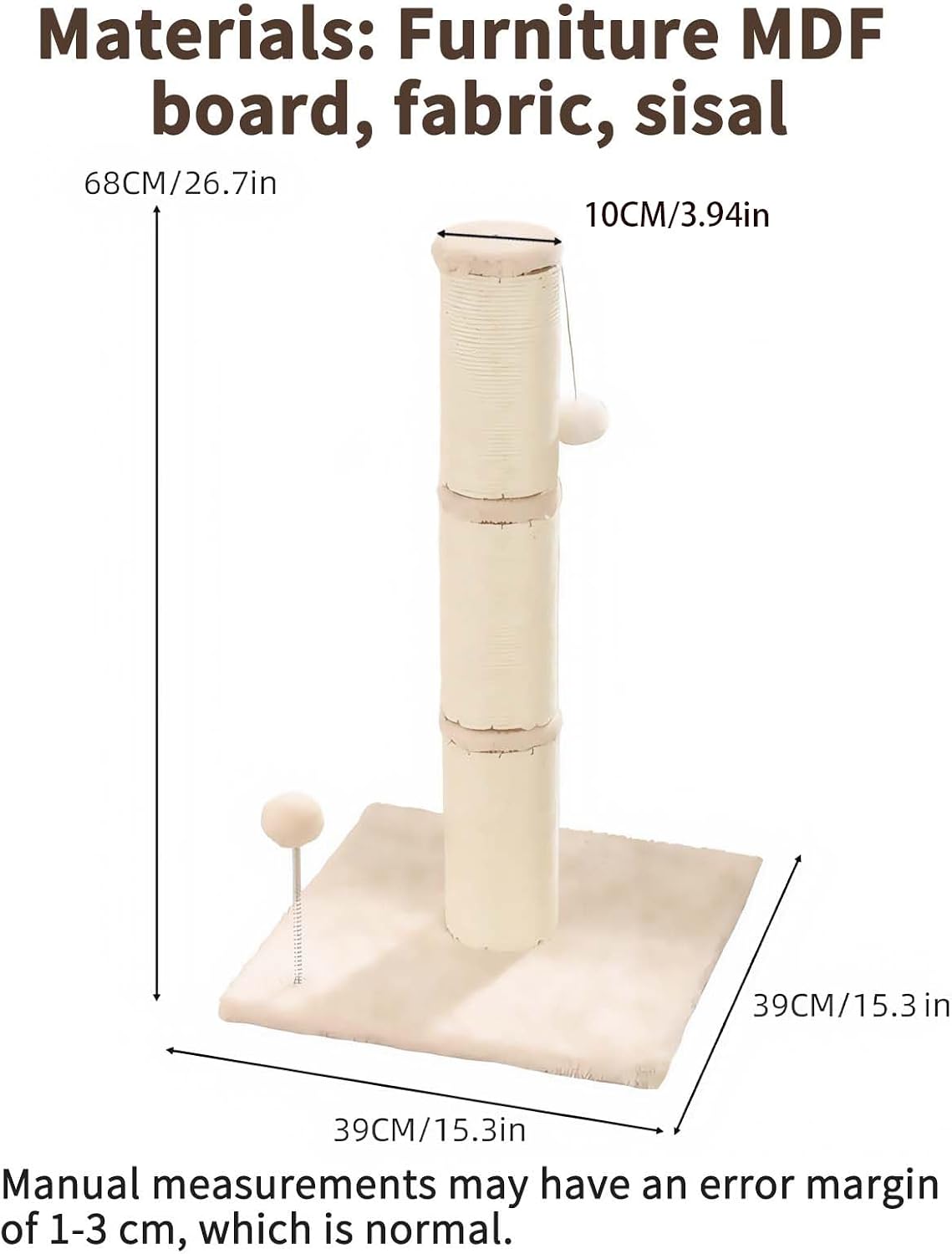 Detalle de Marchul Cat Scratching Post with Teasing Hanging Ball and Sisal Rope, 68 cm tall (White)