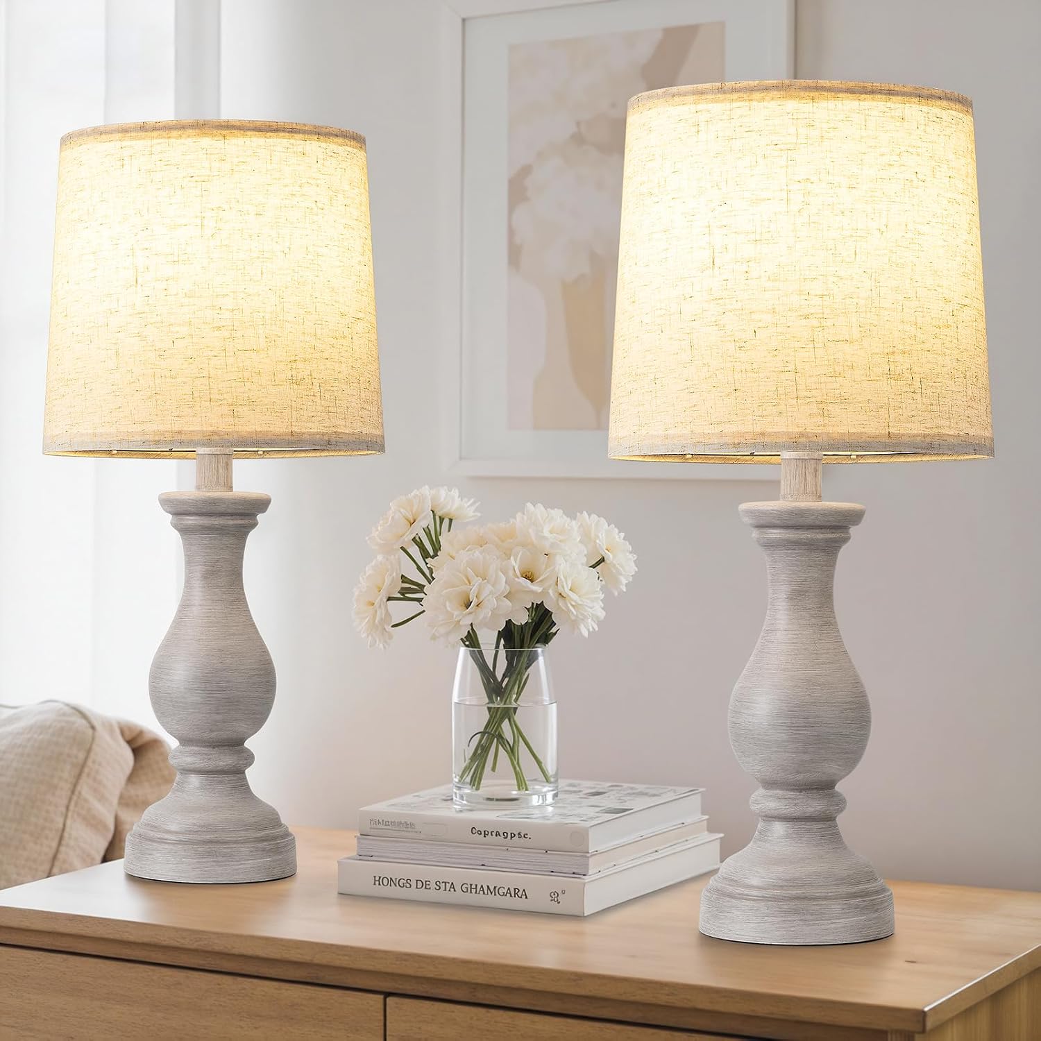 Detalle de Fenmzee SZ4 Resin Table Lamp Set of 2, Antique Grey with Linen Shades