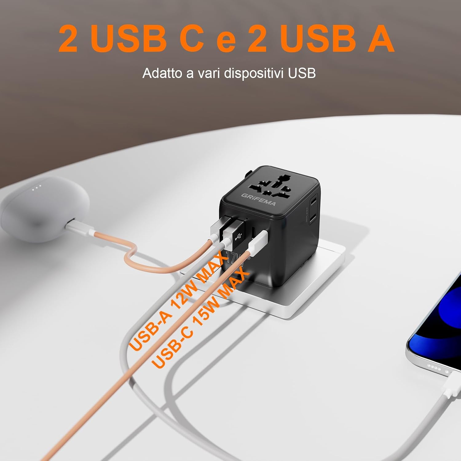 Thumbnail 2 de GRIFEMA Adattatore universale da viaggio 6 in 1: 2 USB-C, 2 USB-A e 2 prese AC per viaggiare in sicurezza