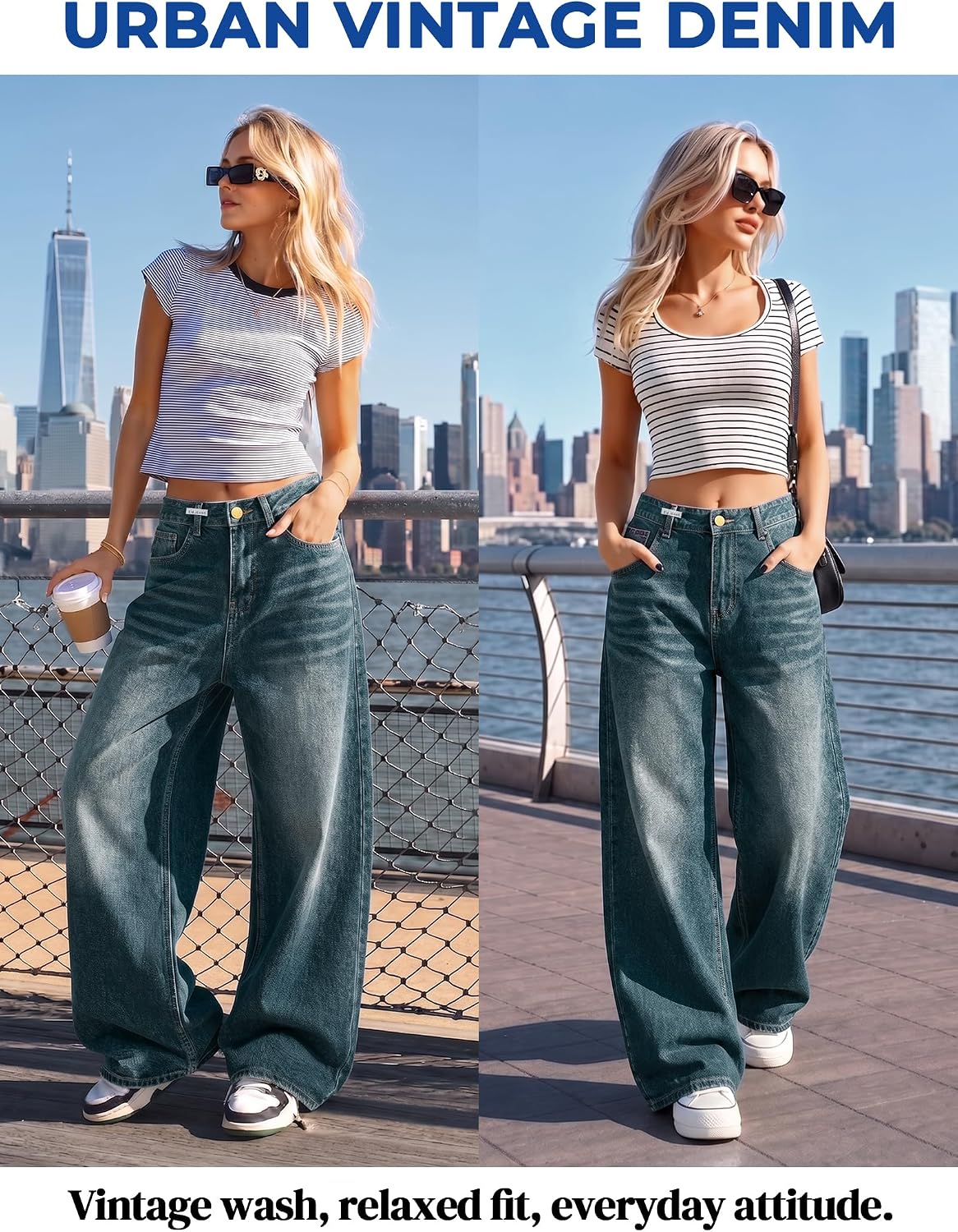 Detalle 2 de EMMIOL Women Baggy Jeans — Mid-Low Waist Boyfriend Wide-Leg Denim Pants