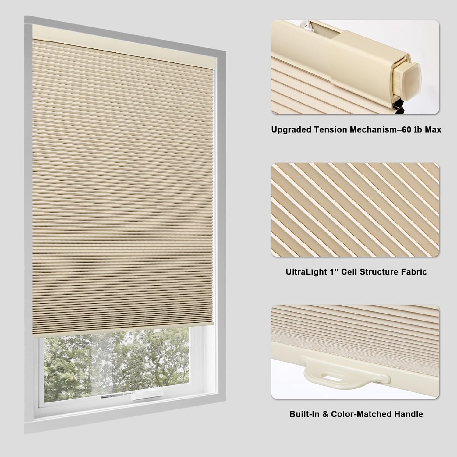 Detalle 2 de Tonature No Drill Cellular Shades: 21" W x 64" H, Beige, Free Stop Cordless Blackout Honeycomb Blinds