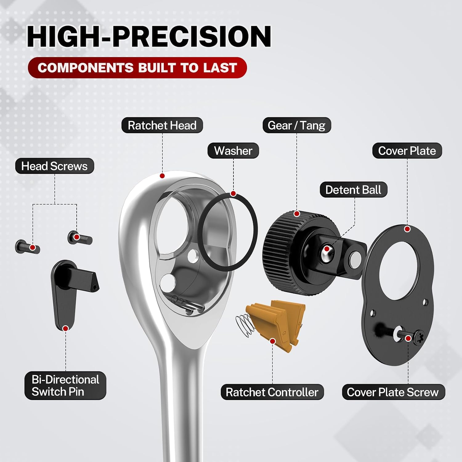Detalle de TOMMARS 3/8-Inch Drive Ratchet Wrench, 72-Tooth, 5-Degree Swing Arc
