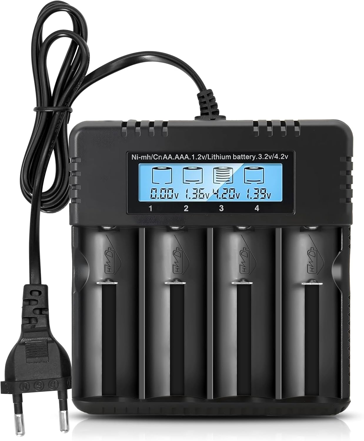 Detalle de Wowfast 18650 Caricabatterie: 4 slot, LCD, ricarica rapida e sicura per batterie agli ioni di litio 3,7V