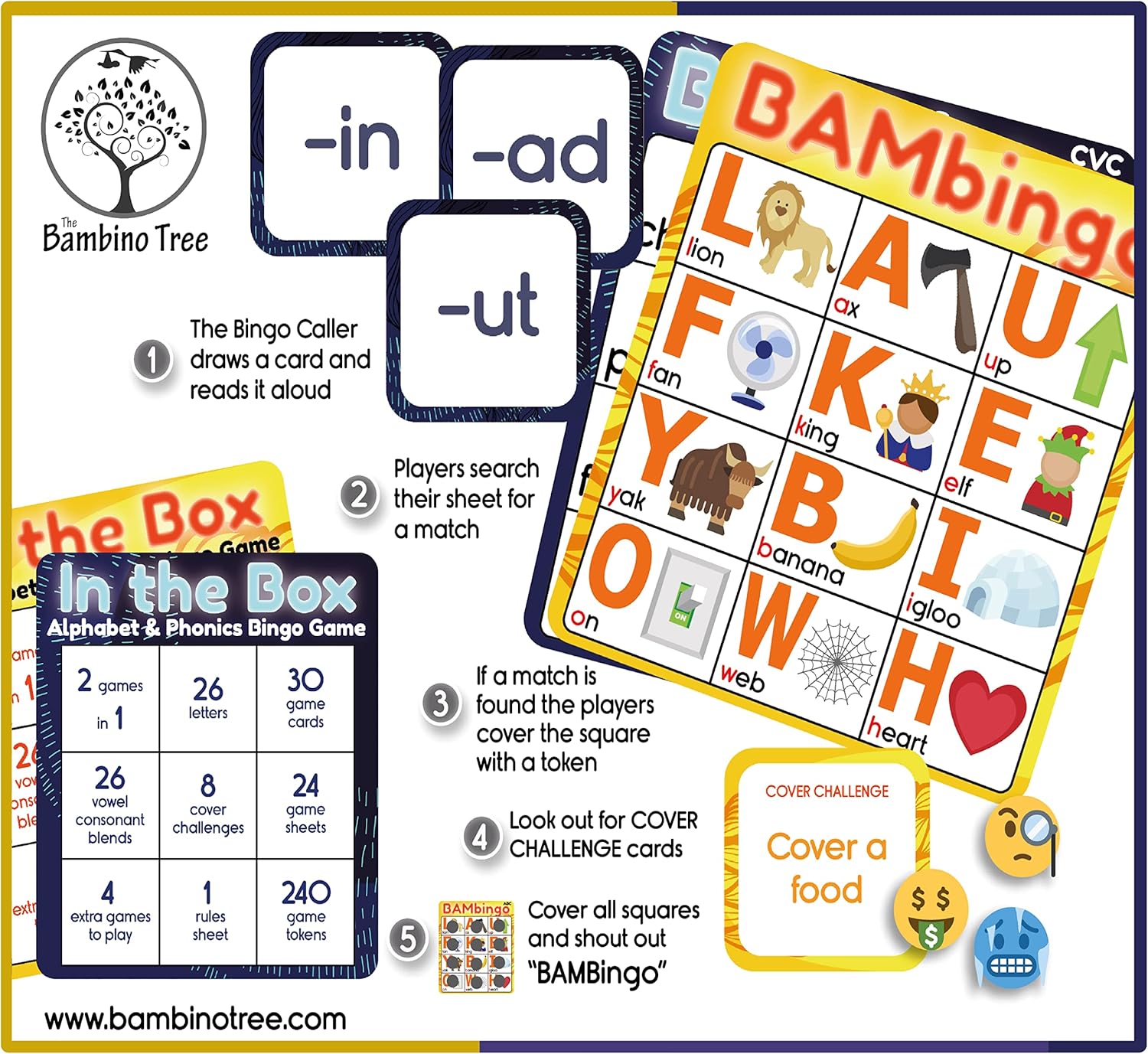 Detalle de BAMBingo Alphabet and Phonics Bingo Game with 26 Letter and 26 Phonics Cards