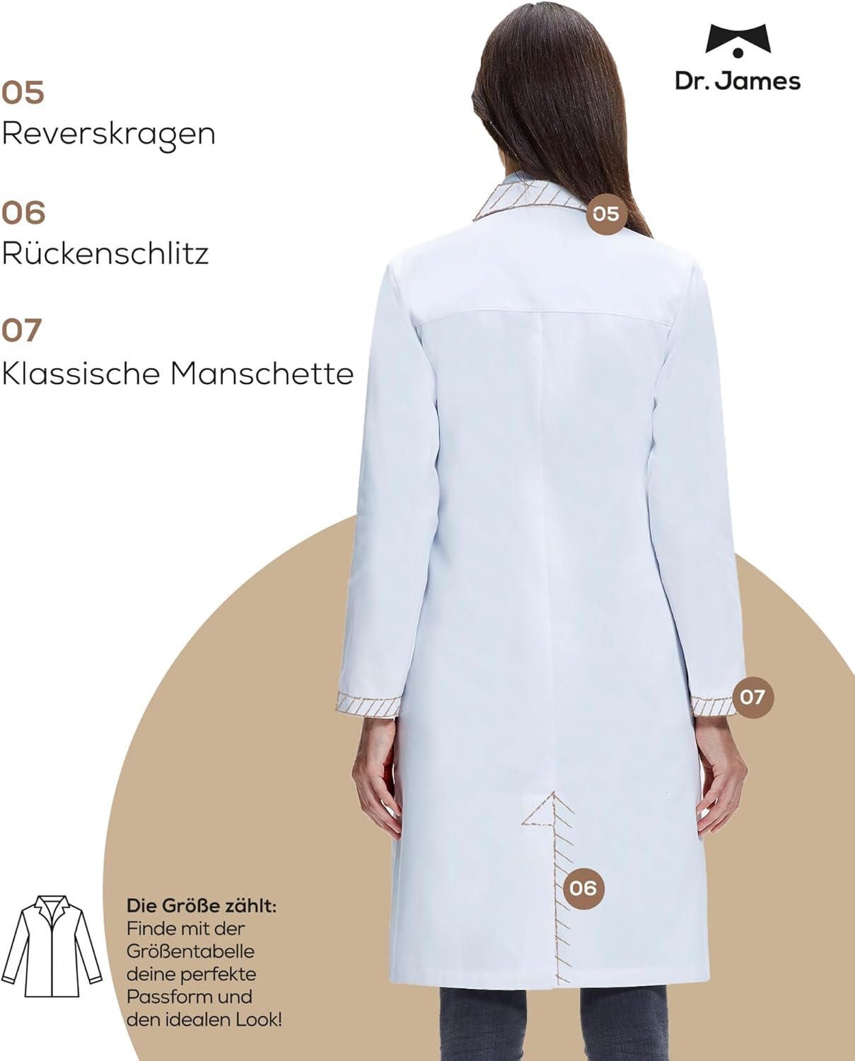 Detalle de Dr. James Laborkittel Damen: 100% Baumwolle, Regular-Fit, OEKO-TEX zertifiziert