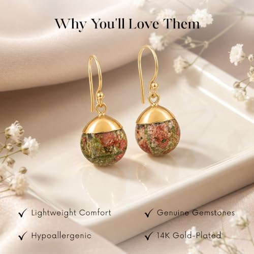 Thumbnail 2 de GEMPIRES NATURE’S TREASURE Unakite Teardrop Earrings – Gold Plated, Hypoallergenic Handmade Jewellery