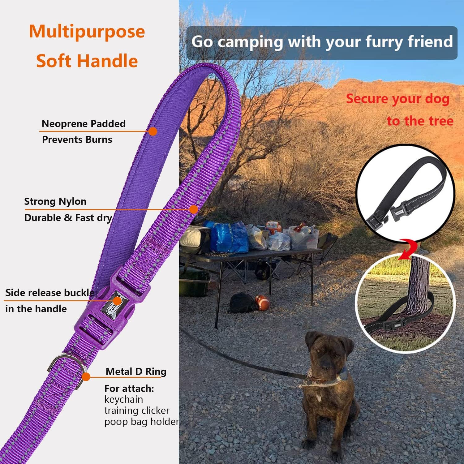 Detalle de Petiry Long Dog Training Lead 5m with Reflective Strong Nylon Webbing & Padded Handle (Purple)