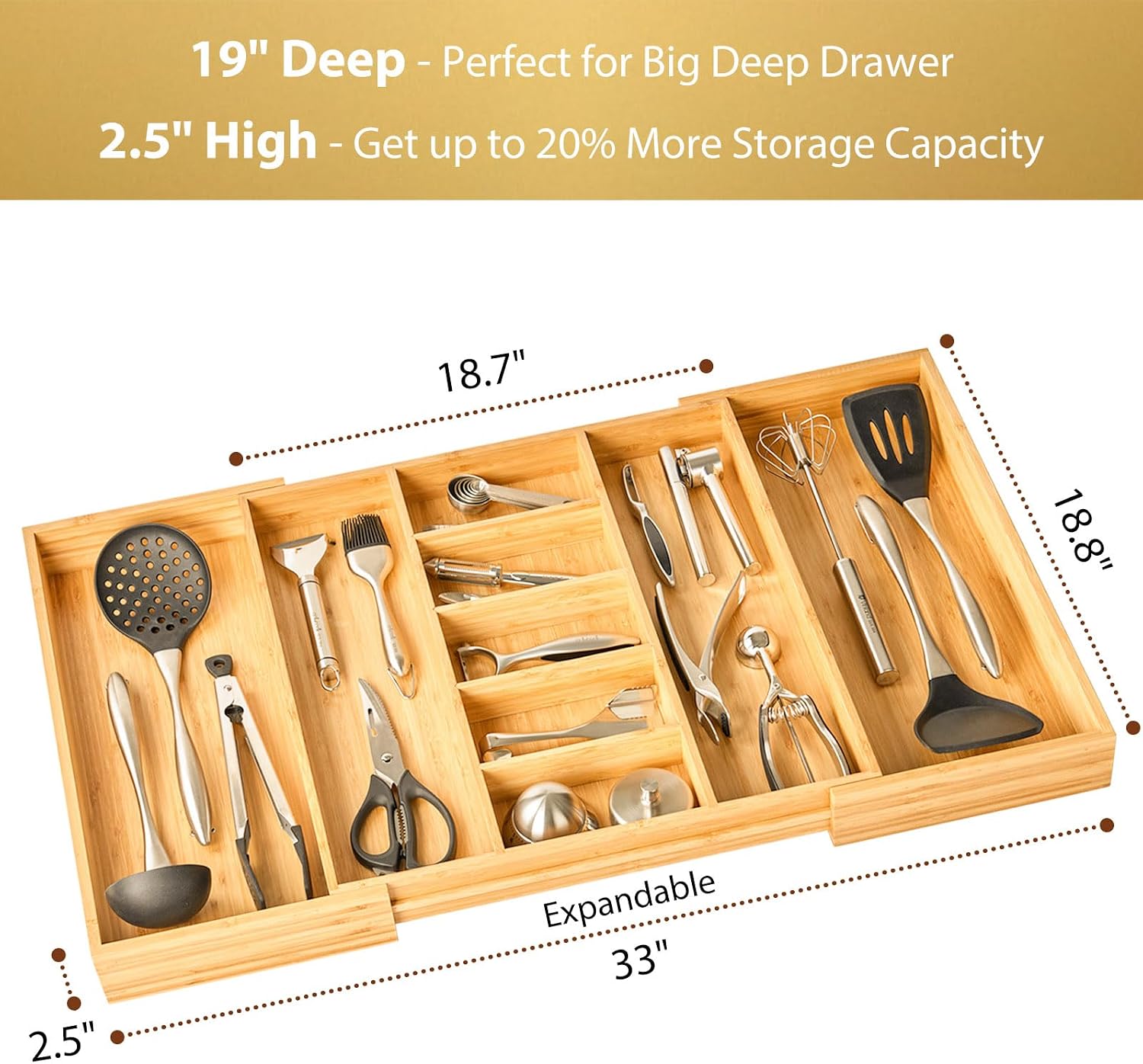 Detalle 2 de Umilife Extra Large Expandable Kitchen Drawer Organizer — 19" Deep, 19" to 33" Width, Bamboo Wood