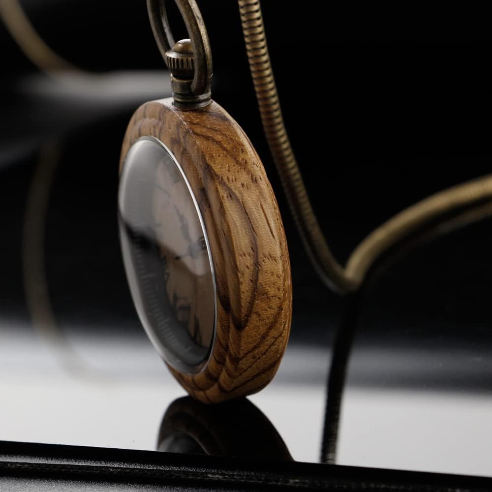 Detalle de Tiong Men's Vintage Bamboo Wood Pocket Watch with Chain – Handmade Retro Quartz