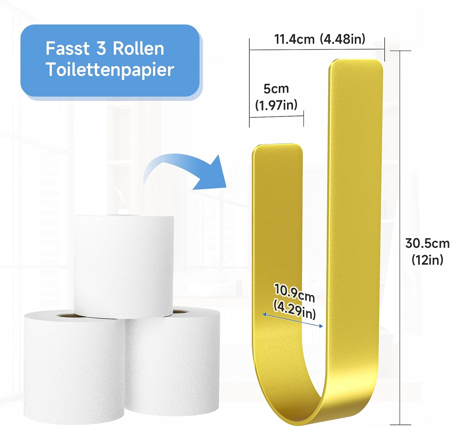 Detalle 2 de Toilettenpapier Aufbewahrung Gold – selbstklebender Halter ohne Bohren für 3 Rollen