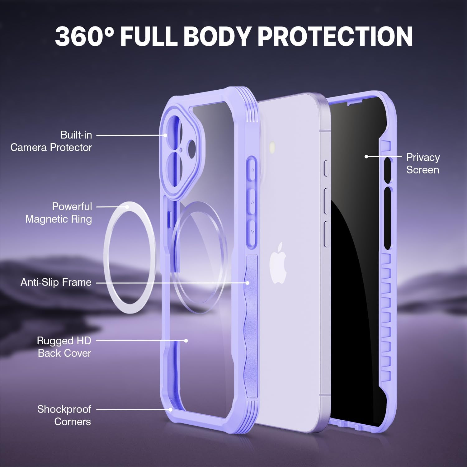 Thumbnail 2 de CENHUFO iPhone 17 Privacy MagSafe Case with built-in 9H privacy screen protector and camera protection – Purple