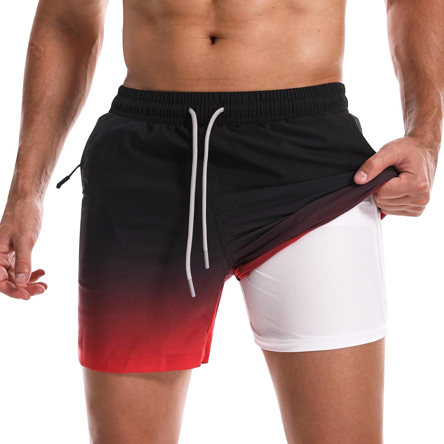 Detalle de Danfiki men’s 2 in 1 swimming shorts with mesh compression liner, zipper pockets & gradient quick-dry finish