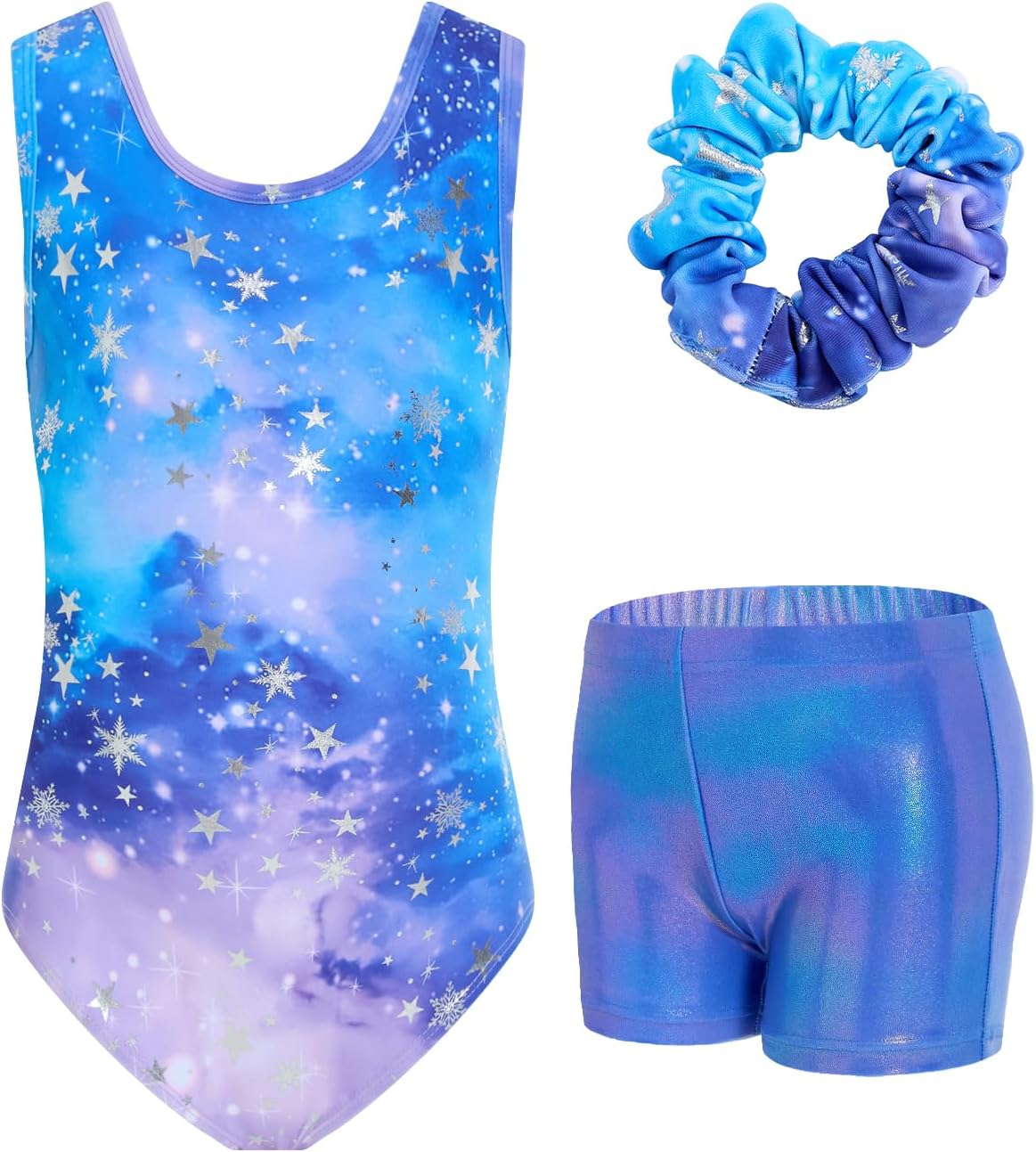 Detalle 2 de JiAmy Girls’ Sparkly Sleeveless Gymnastics Leotard and Shorts Set, Ages 3–12