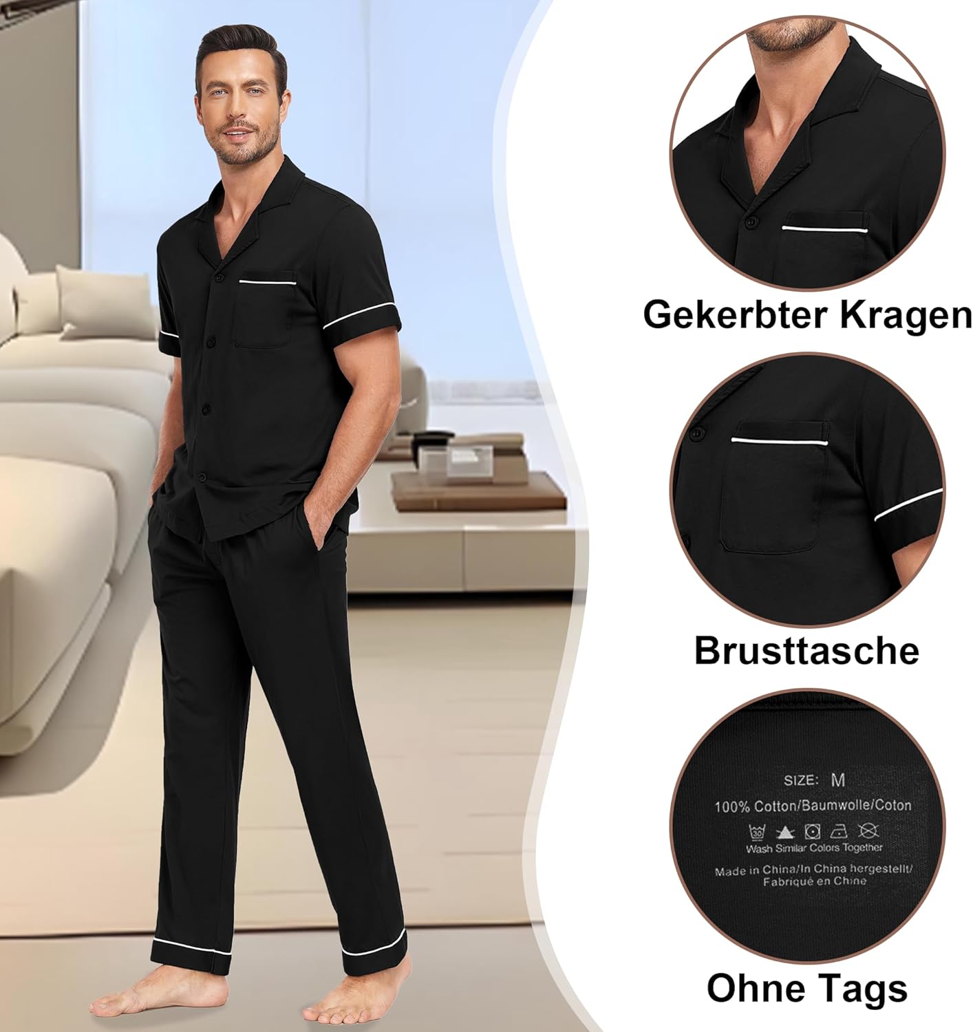 Detalle de EA'S SECRET Schlafanzug-Set aus 100% Baumwolle – Kurzarm-Top und Langhose mit Knopfverschluss