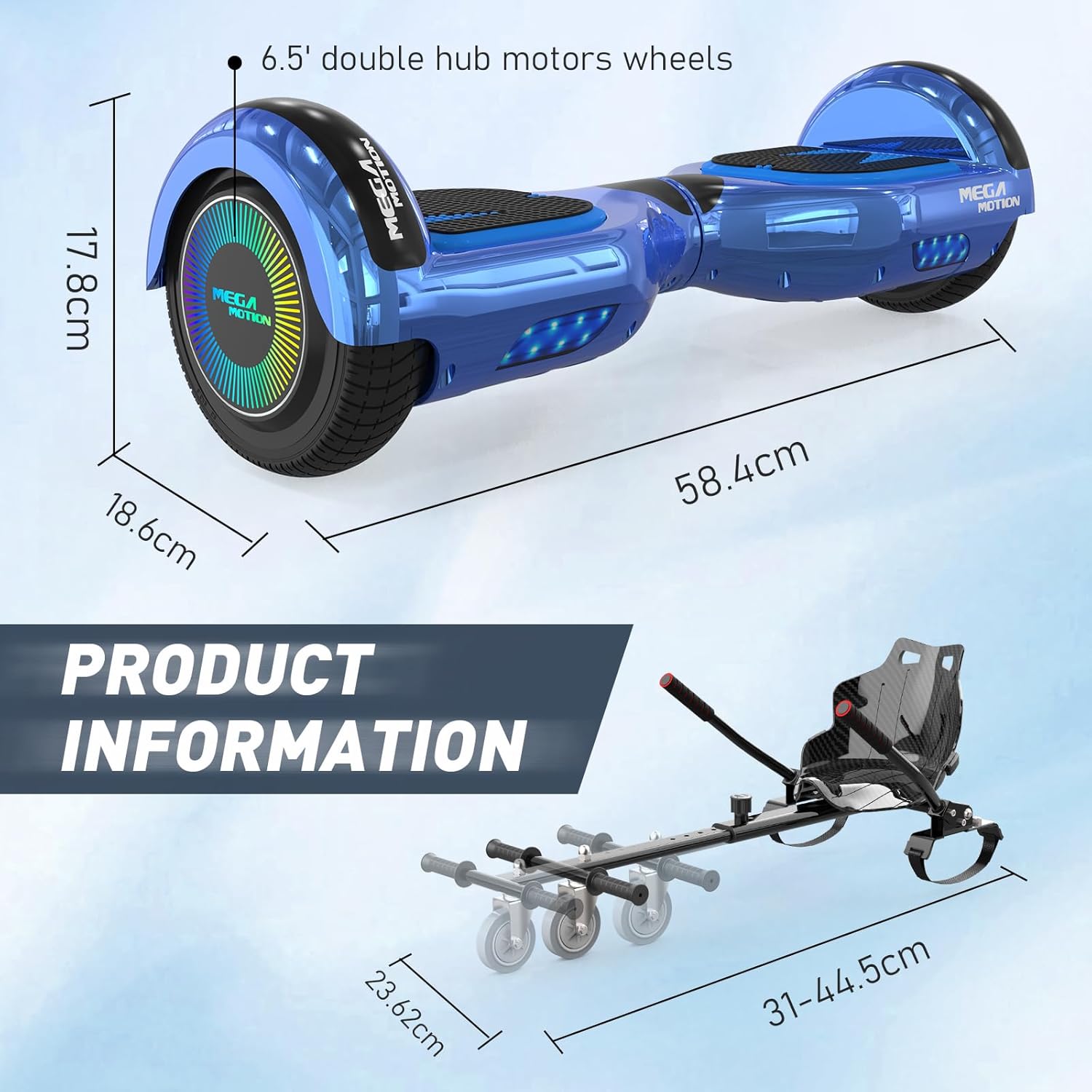 Detalle de MEGA MOTION 6.5 Zoll Hoverboard mit Sitz – sicherer Einstieg, Bluetooth-Lautsprecher und LED-Lichtpaket