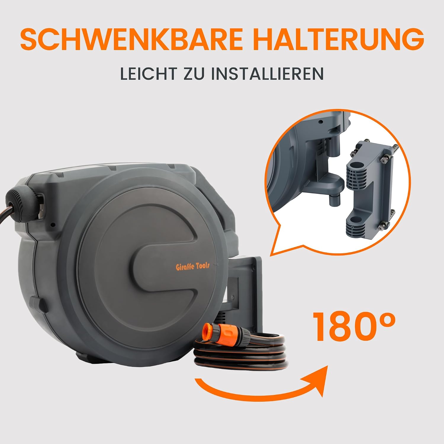 Detalle de Giraffe Tools Automatikschlauchtrommel 30m+2m Wandmontage – 180° Schwenkbar, Multibrause + Anschlussschlauch