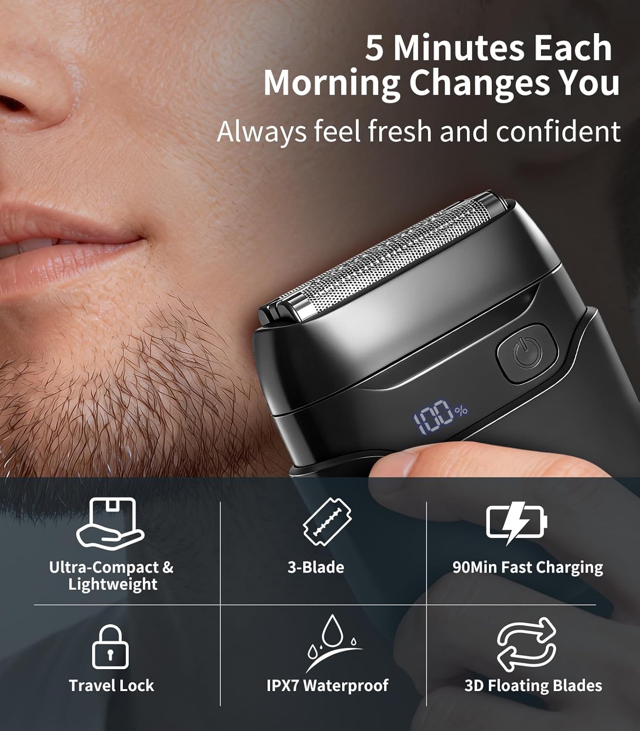 Detalle 2 de Electric Razor for Men: Foil Shaver with 3 Floating Blades