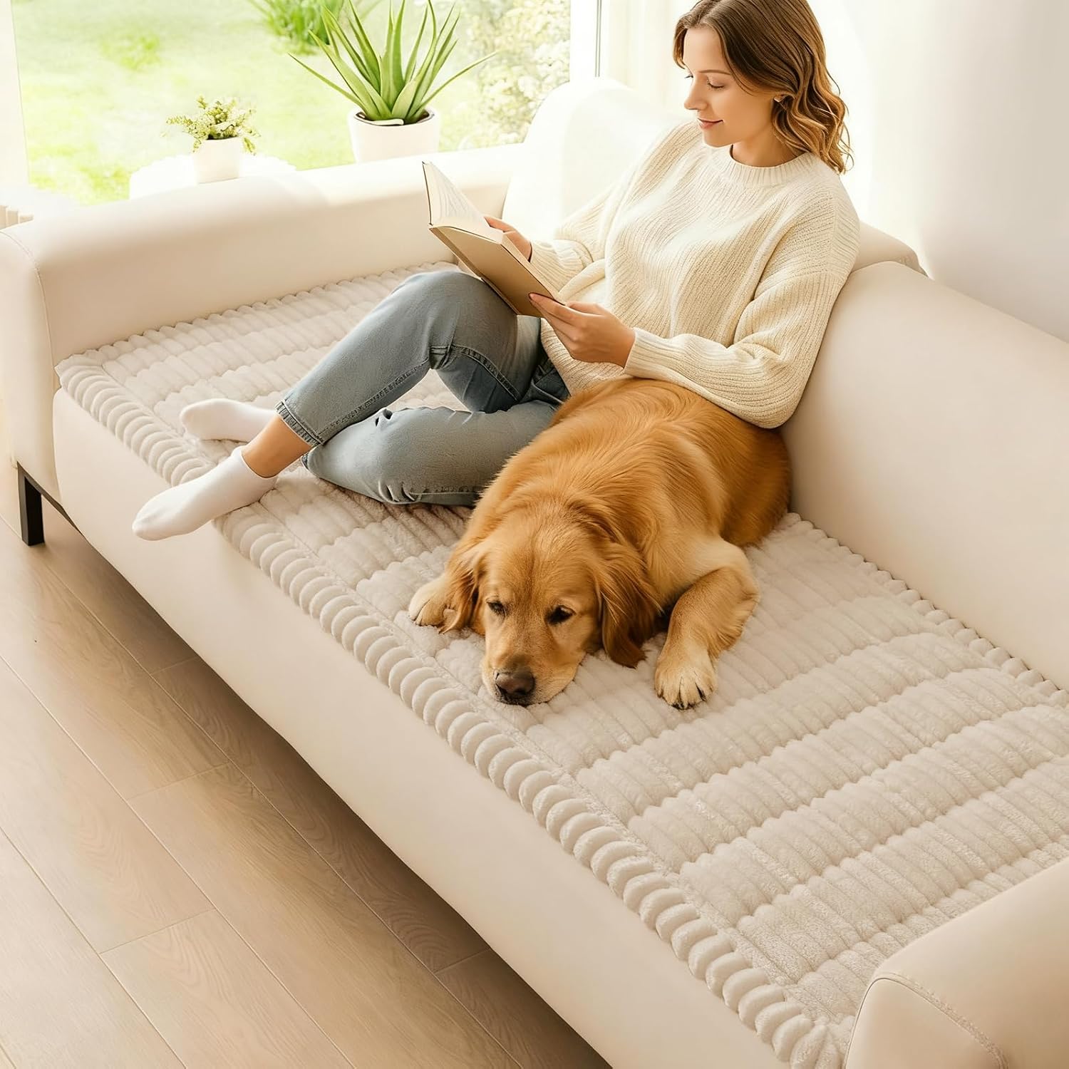 Detalle 2 de hyha Washable Non-Slip Plush Couch Covers for Dogs (Apricot, 27.6" x 59")