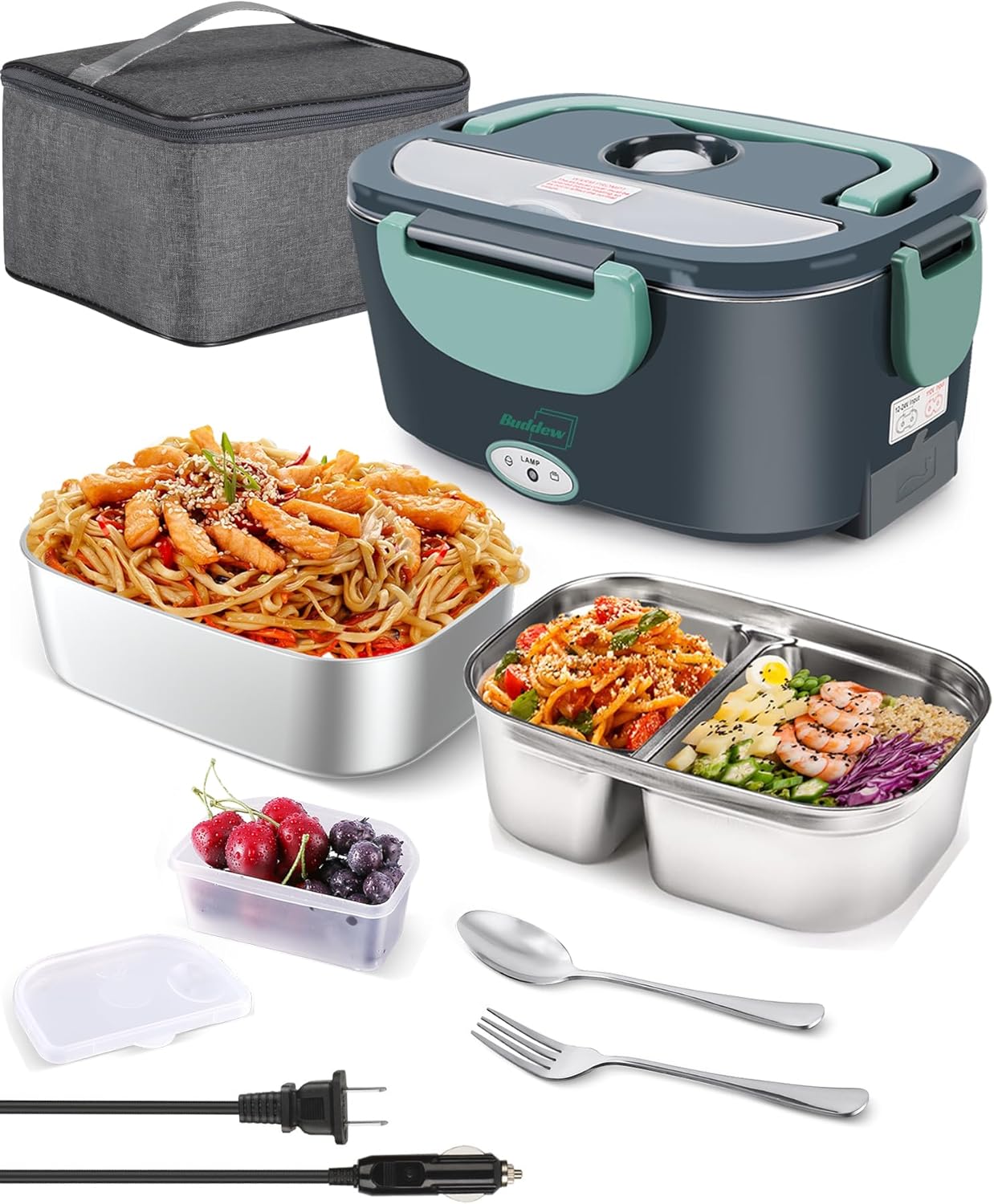 Buddew Electric Heated Lunch Box: 80W Fast Heating, 1.5L Stainless Steel Duo, 110V/12V/24V Portable Warmer