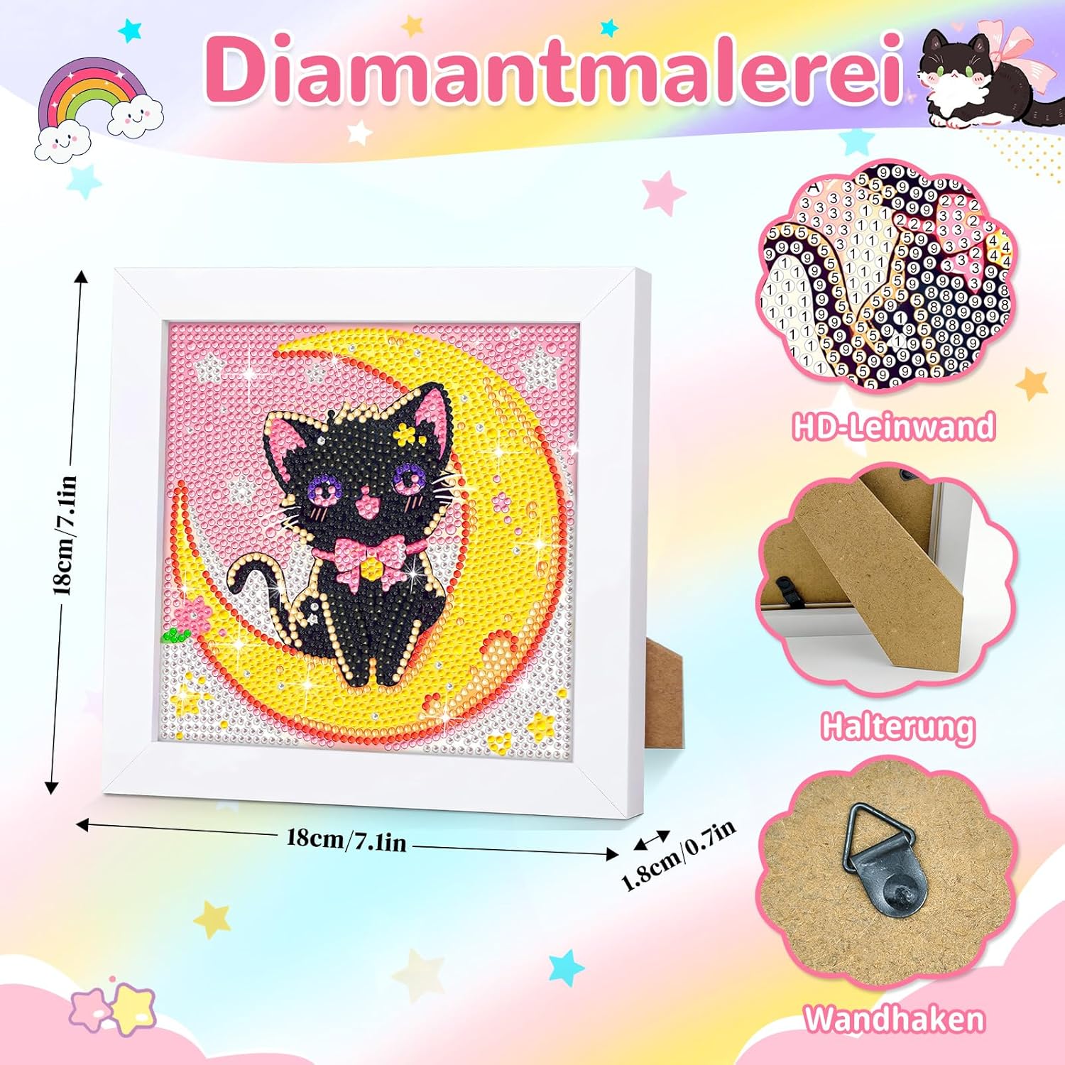 Thumbnail 4 de jieyisier Diamond Painting Katze mit Rahmen (5D), Set für Erwachsene & Anfänger, 15x15 cm