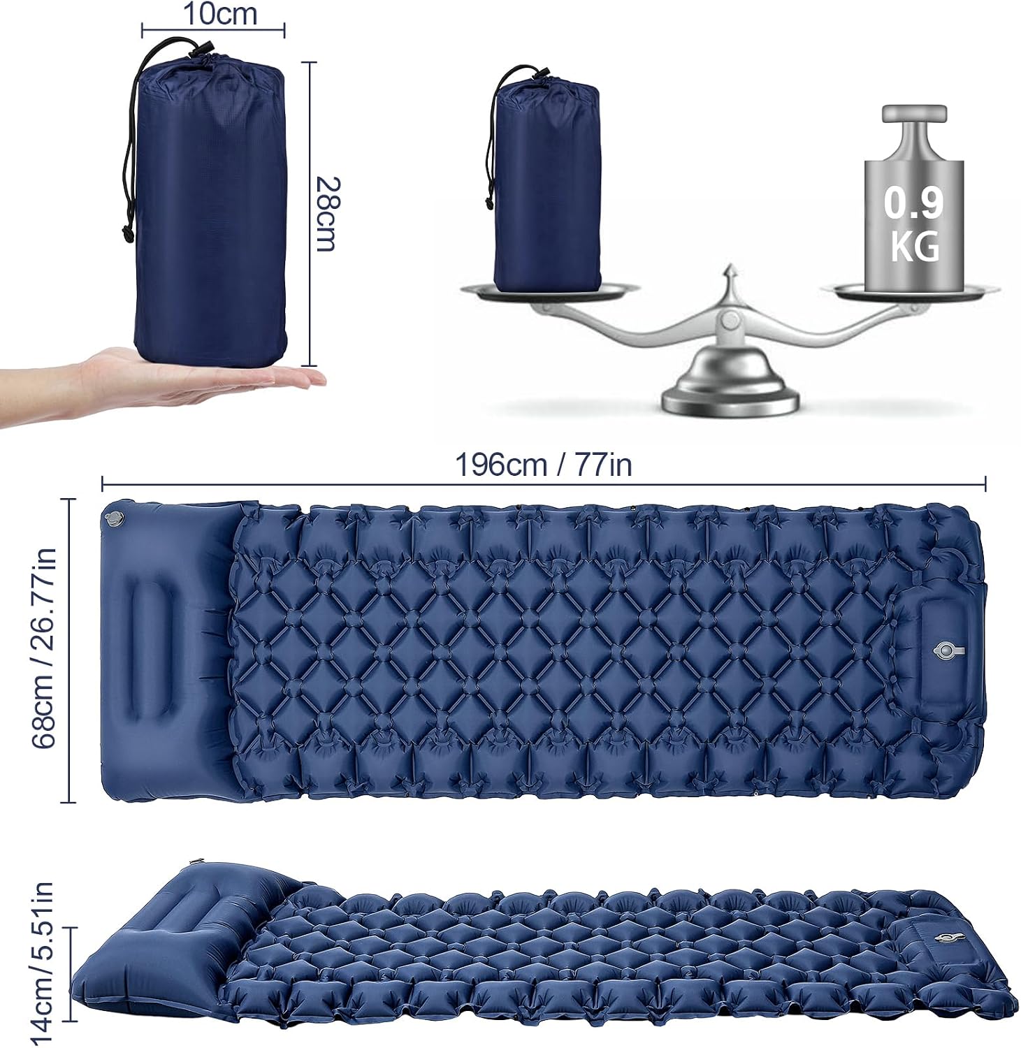 Detalle 2 de Kiaitre Isomatte 9 cm Verdickte Luftmatratze – Ultraleicht, wasserdicht, mit Kissen und Fußpumpe
