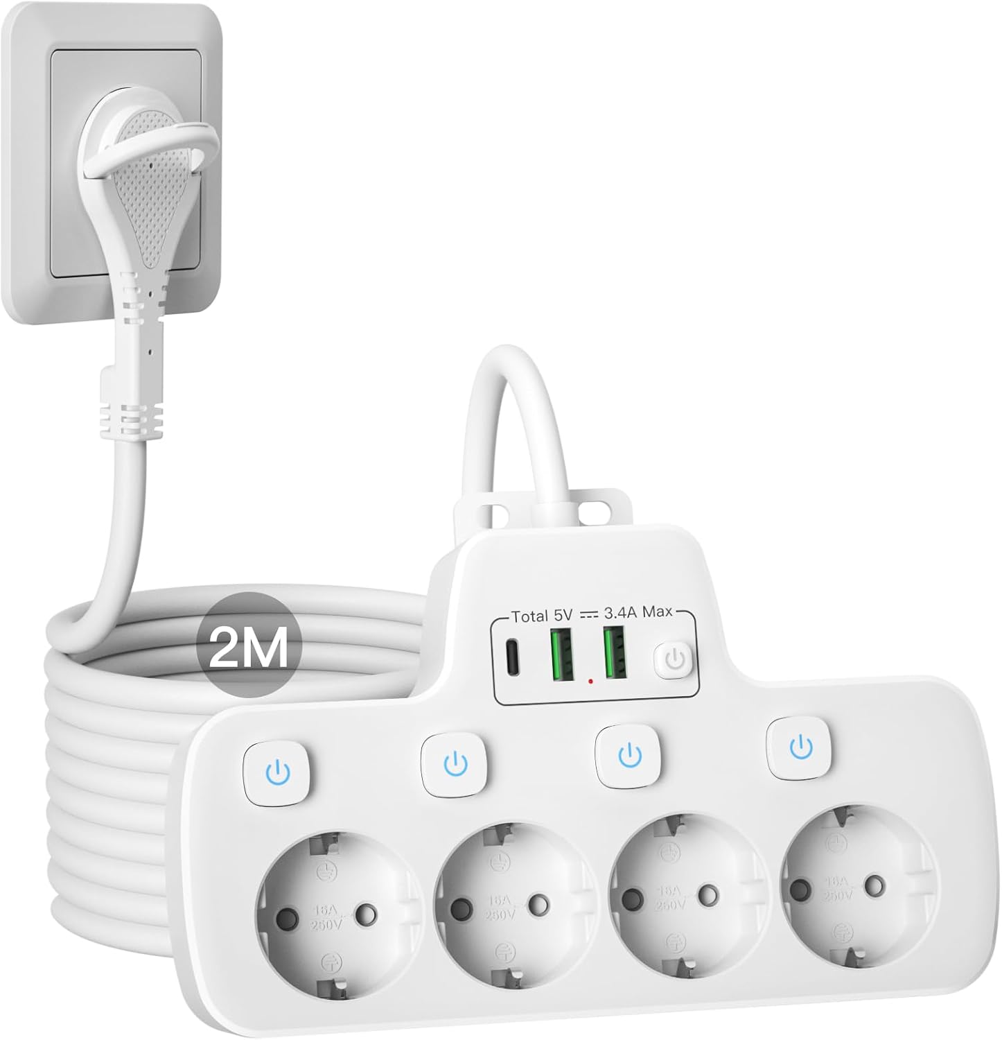 Detalle de Ciabatta Multipresa con Interruttori Indipendenti, 4 prese Schuko + USB (USB-C) – 2 m, design sottile, Bianca