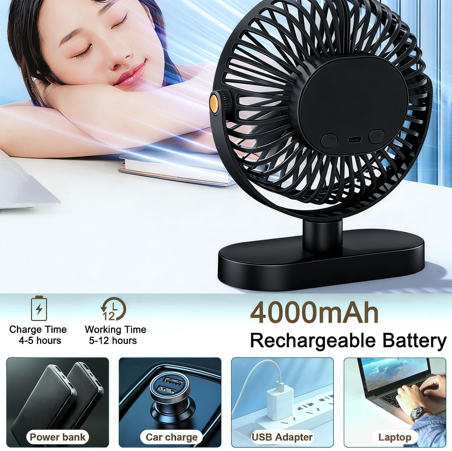 Detalle de USB Desk Fan with Night Light — Small, Quiet, 5 Speeds and 720° Rotation