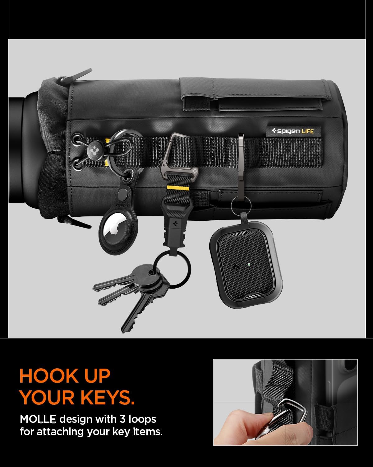 Detalle de Sac-Bouteille Sport magnétique Spigen Life LF500 (20-40 oz) avec compartiment téléphone et bandoulière – Noir
