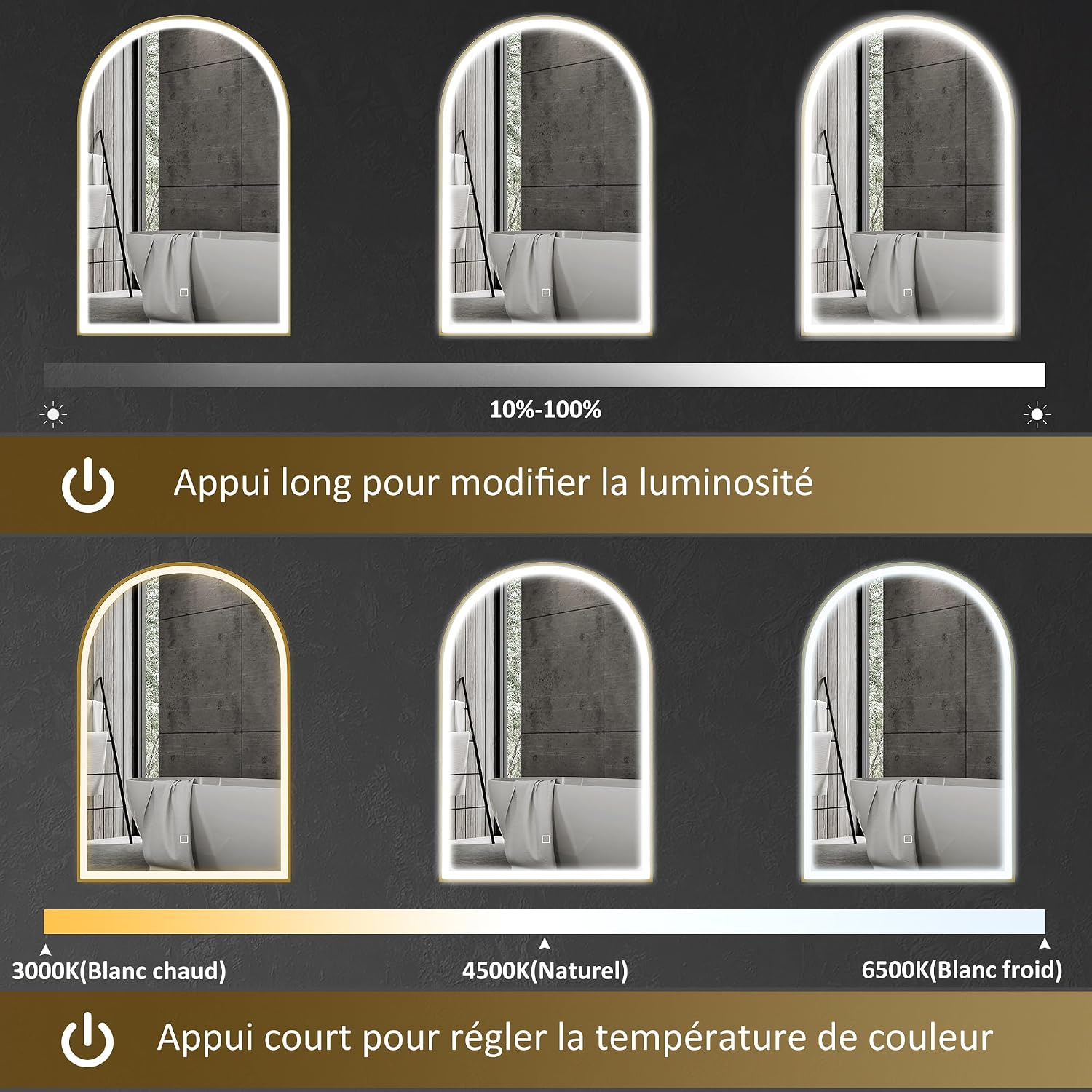 Detalle de HOMCOM Miroir Salle de Bain LED 90x60 cm doré