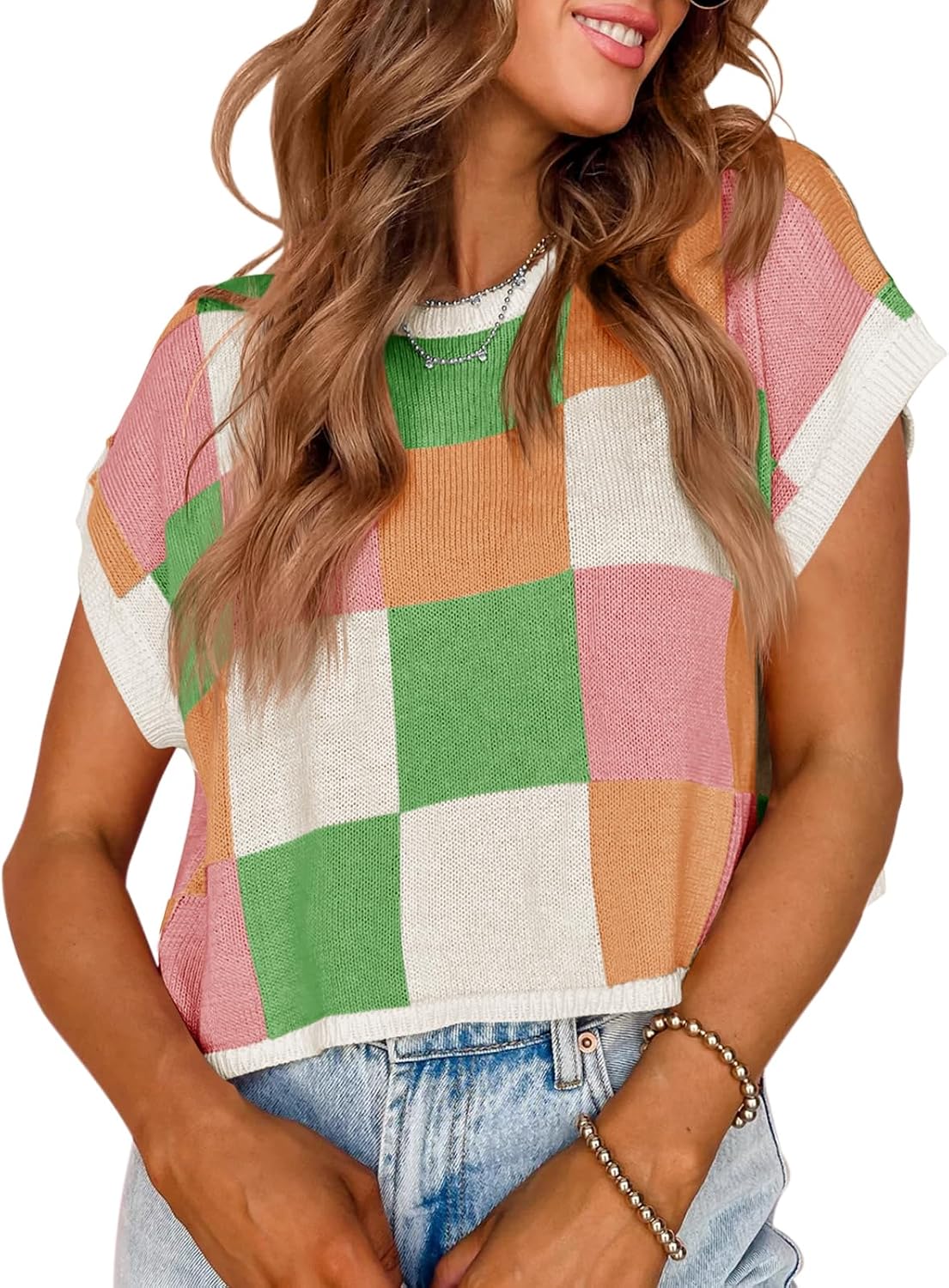 Thumbnail 6 de Saodimallsu Women’s Cap Sleeve Crop Top: Color Block Knit for Summer Vibes