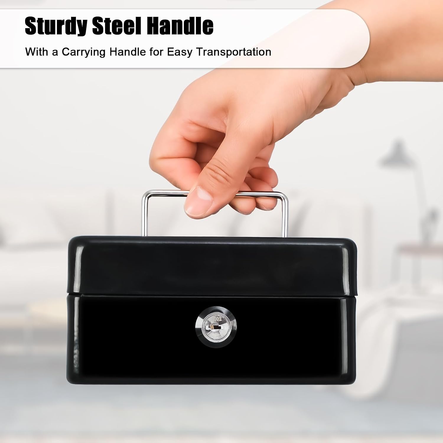Detalle de KYODOLED 43396-178591 Small Metal Cash Box with Key Lock and Handle, Black