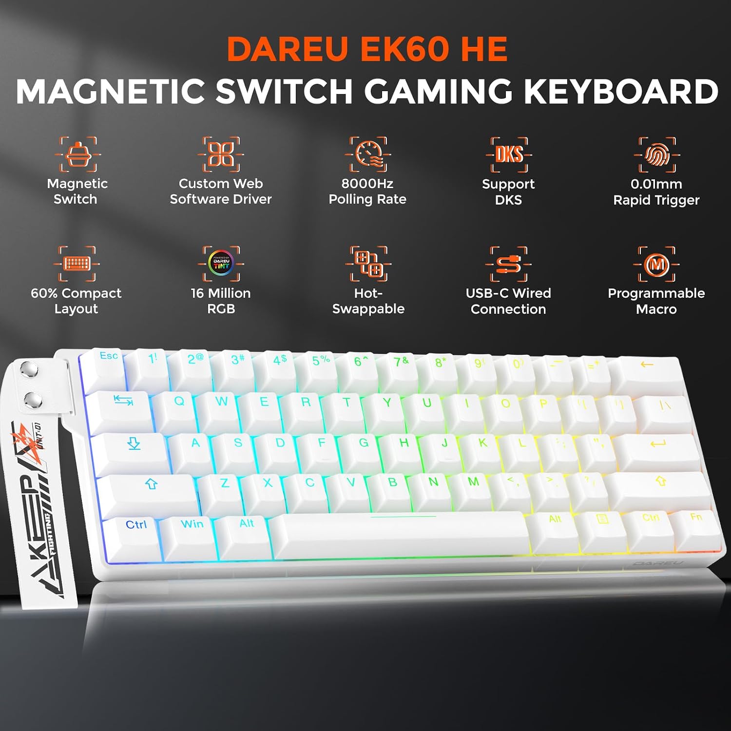 Detalle 2 de DAREU EK60 HE-WH klawiatura gamingowa 60% z Rapid Trigger 8 kHz i RGB