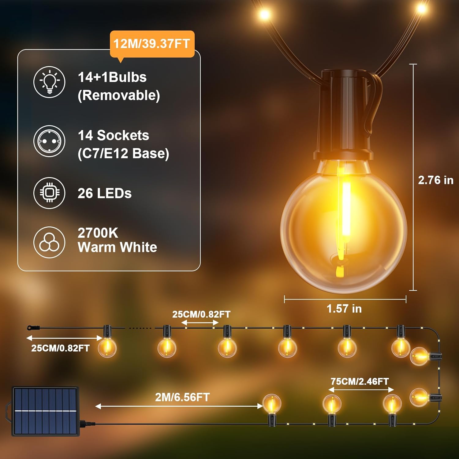 Thumbnail 6 de Solar-Lichterkette Außen FIFlying 12 m – 26 LEDs + 14 Glühbirnen, IP44, USB-Aufladung, 19 Modi