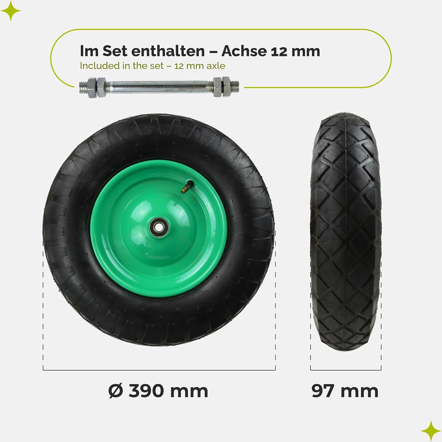 Detalle de Garronda Ersatzrad Schubkarre 4.80/4.00-8 Ø390 mm – Luftreifen 4PR, Tragkraft 220 kg, Achse & Kugellager, Grün-Schwarz