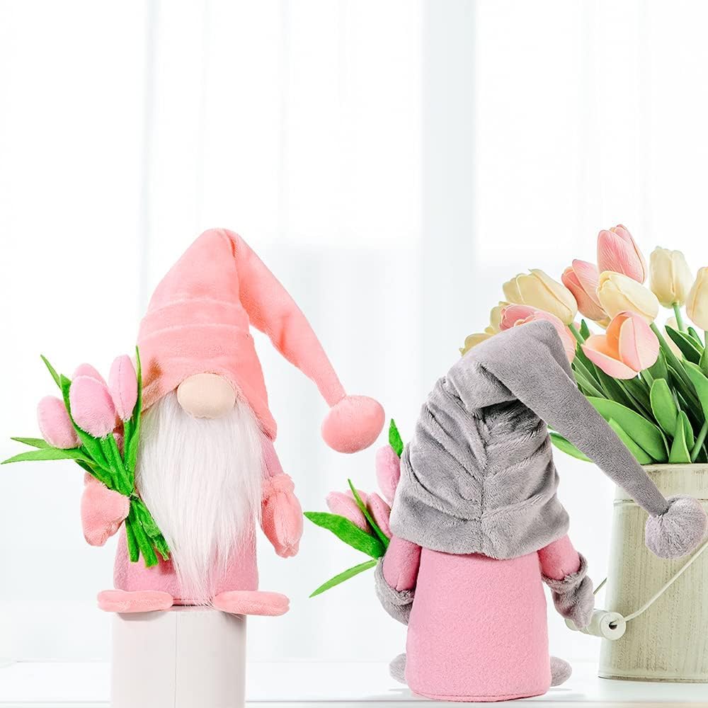Detalle de Super Idee Stehende Niedliche Wichtel mit Tulpen – Zweier-Set, Rosa/Grau, 37 × 8 × 6 cm
