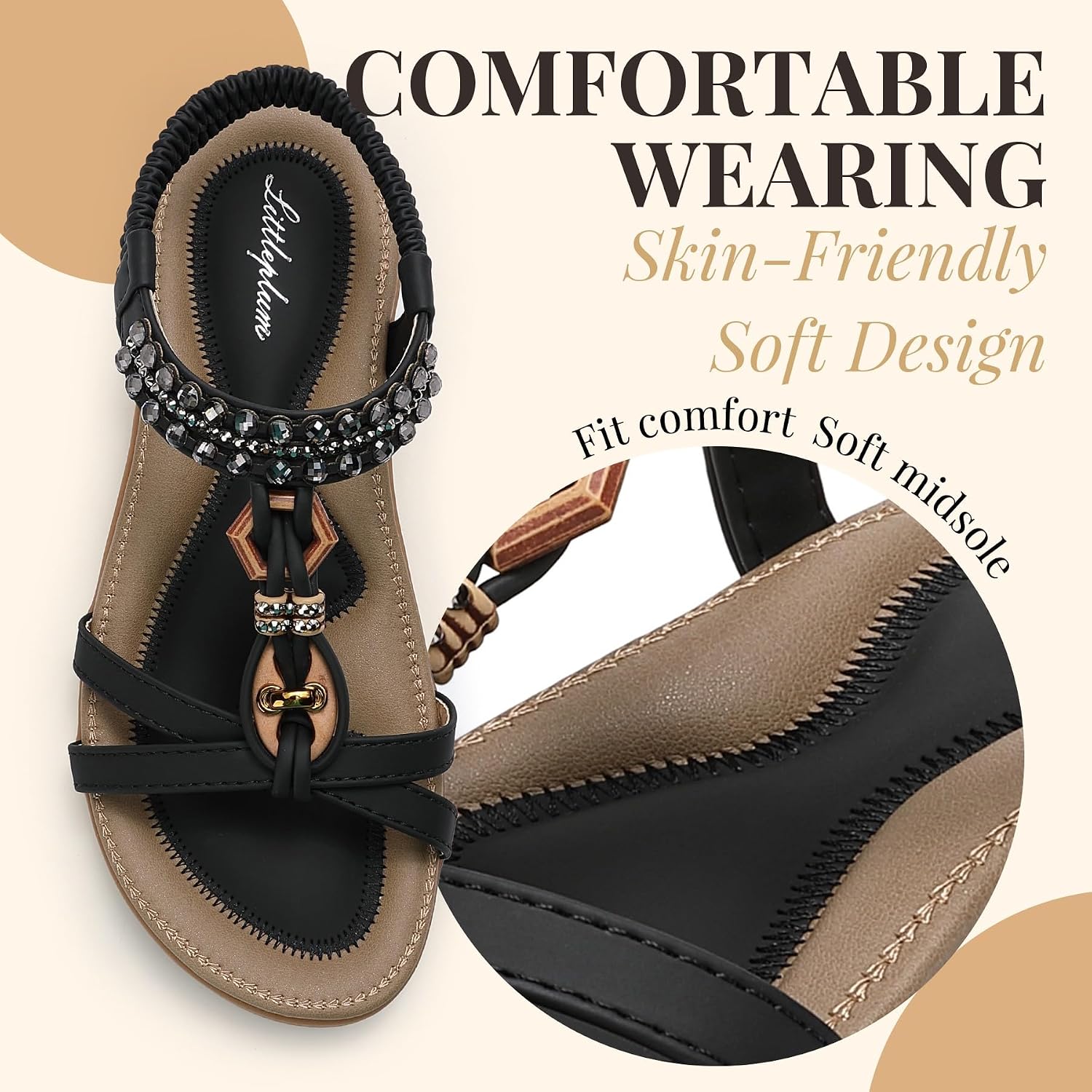 Detalle de Littleplum Sandalen Damen Sommer Flache Sandalette Bohemia mit Strass-Perlen – vielseitige Freizeitsandaletten