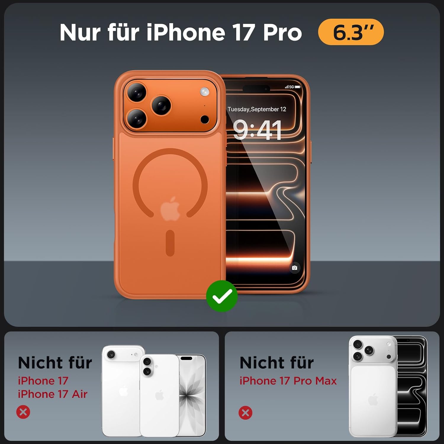 Thumbnail 1 de Miracase Hülle für iPhone 17 Pro 6,3" mit MagSafe – stoßfest, kratzfest & samtige Haptik (matt leuchtendes Orange)