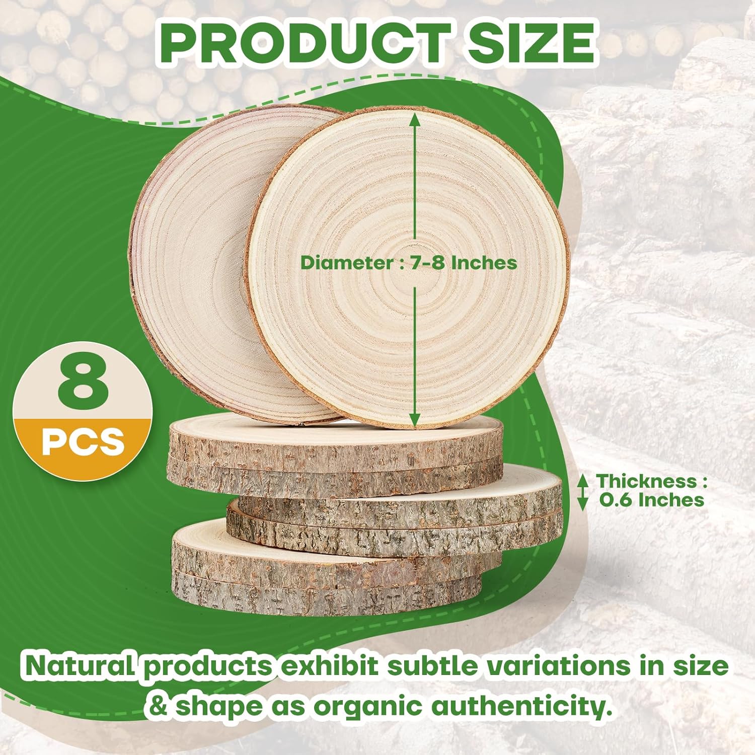 Thumbnail 1 de 8-Pack Wood Slices (7-8 Inch) - Natural Bark-On Wooden Rounds for DIY, Weddings & Decor