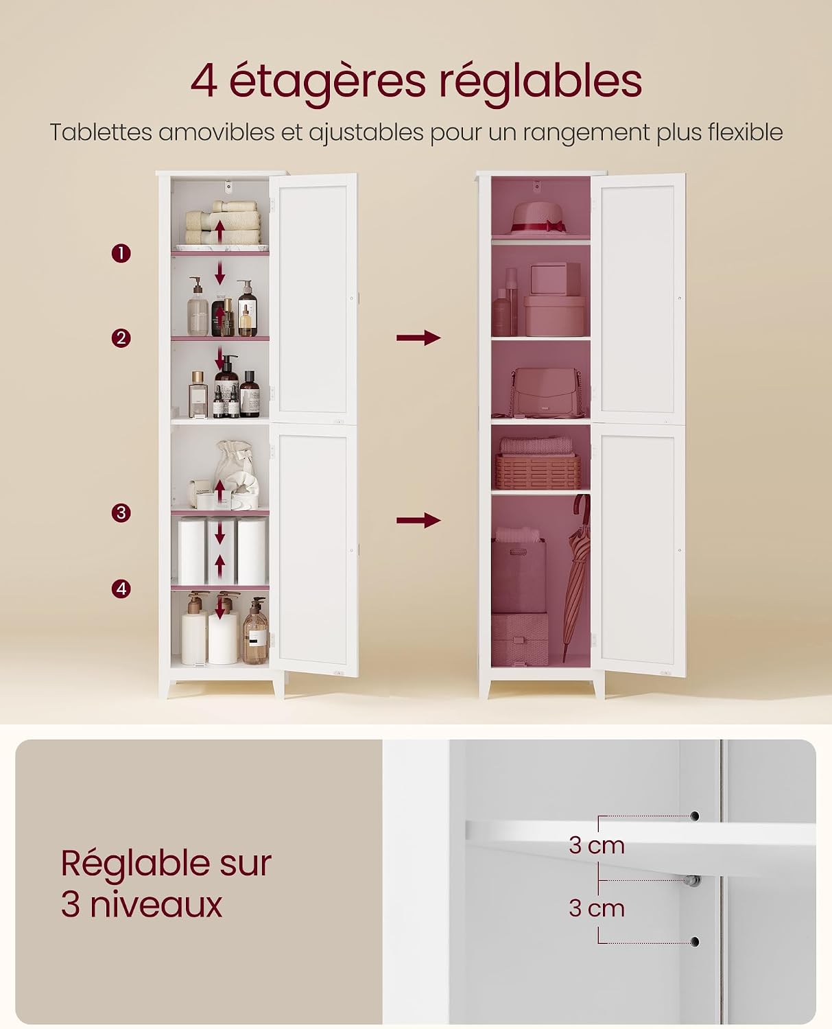 Detalle 1 de VASAGLE Armoire Salle de Bain Haut avec Miroir Blanc Nuage BBC764WH01