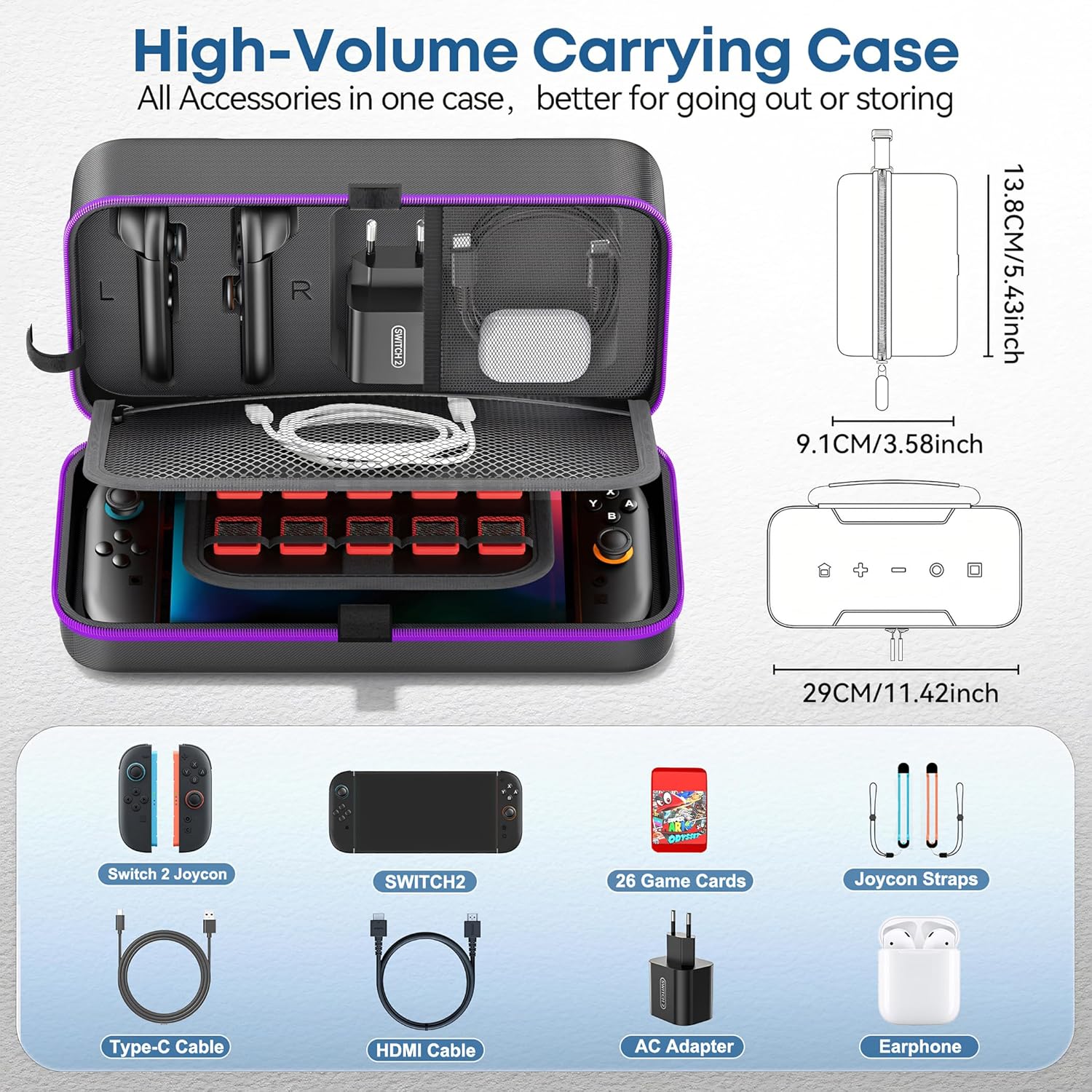 Detalle de OIVO Switch Tasche für Nintendo Switch/OLED/2 – Hartschale mit Aufbewahrung für Joy-Con & Netzteil, lila