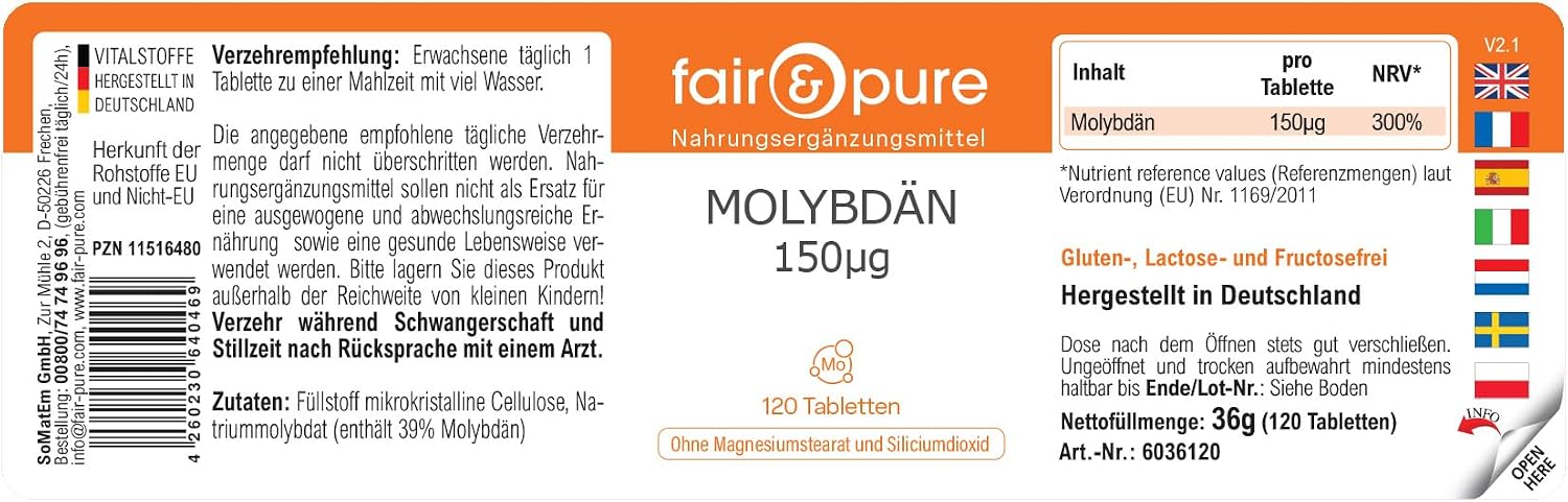 Thumbnail 6 de Fair & Pure Molybdän 150µg – 120 Tabletten, schluckfreundlich, vegan, hergestellt in Deutschland