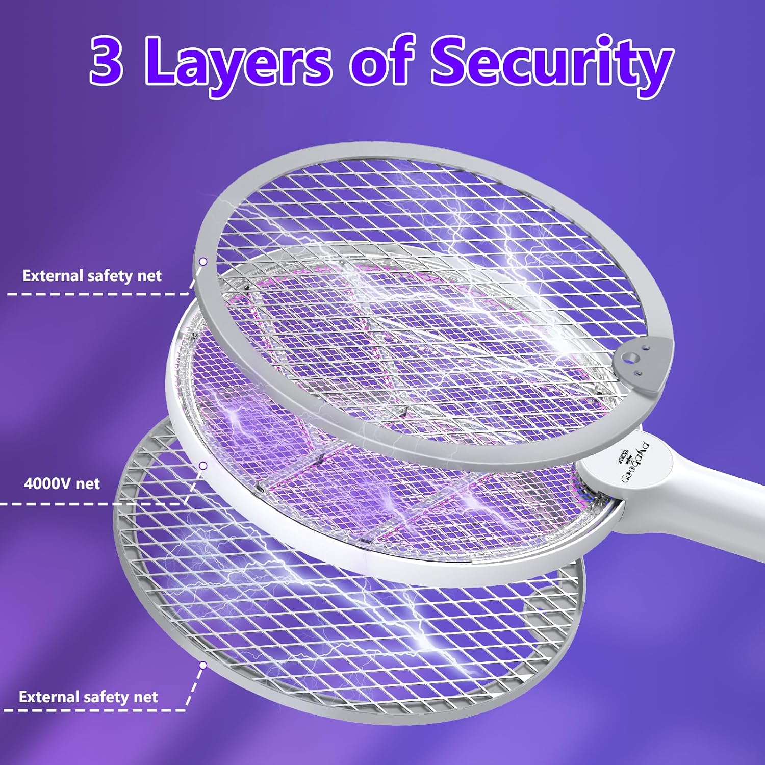 Detalle 2 de GooQand Electric Fly Swatter 4000V Power — USB-C Rechargeable, 2-Mode Bug Zapper with 3-Layer Mesh