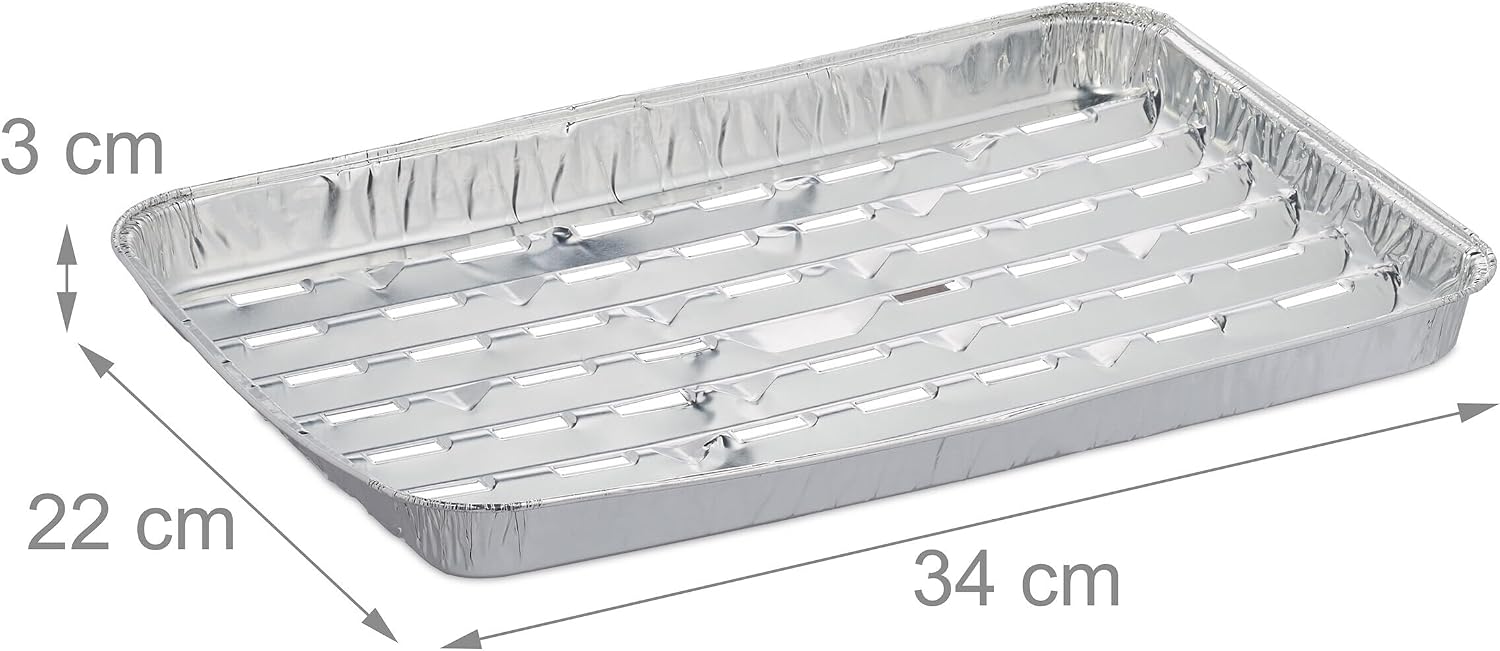 Detalle de Relaxdays Barquettes Alimentaires – Lot de 25 bars aluminium fond troué pour barbecue (34 × 22 cm, 3 cm, argenté)