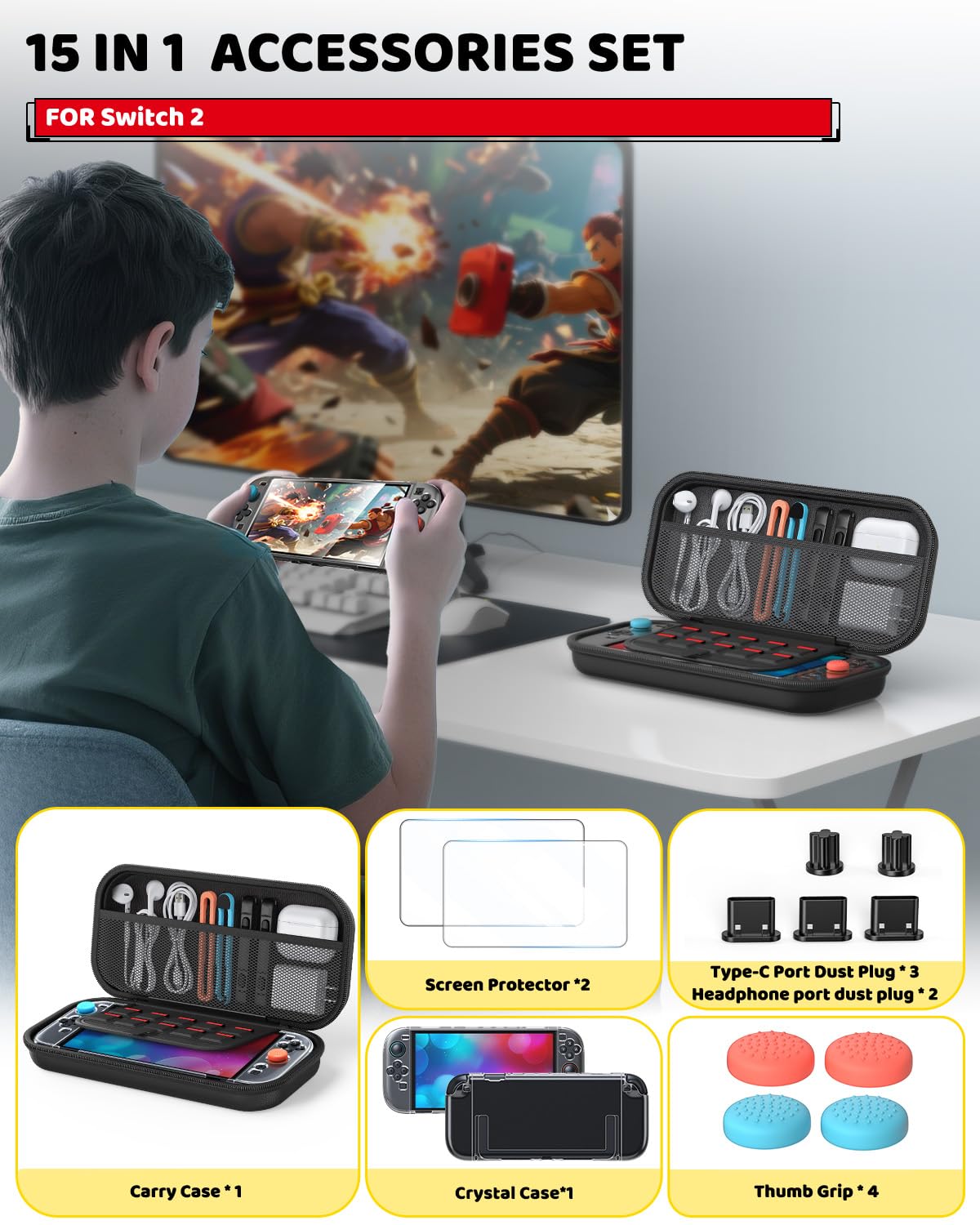 Thumbnail 6 de Zubehör für Switch 2 (2025) – Slim Tragetasche mit 2 HD-Glasdisplay-Schutzfolien, Crystal Cover-Set, Staubstopfer-Kit und 4 Daumengriffe