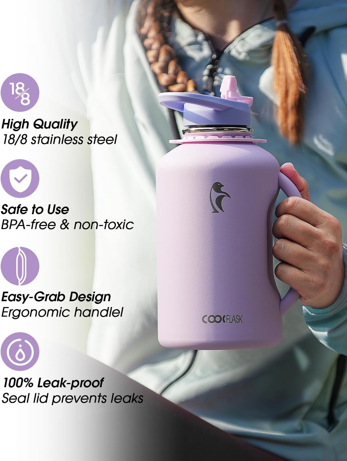 Thumbnail 4 de Coolflask Half Gallon Water Bottle with Straw – 64 oz Insulated Stainless Steel with Handle (Lavender)
