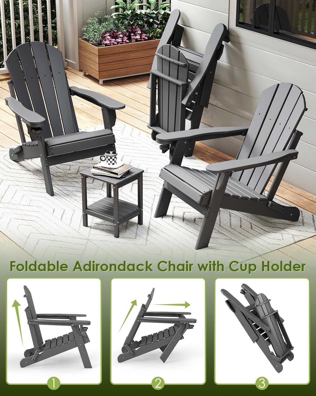 Thumbnail 6 de GREENVINES HT-OC-AD Folding Adirondack Chairs, 2-Pack, Gray HDPE